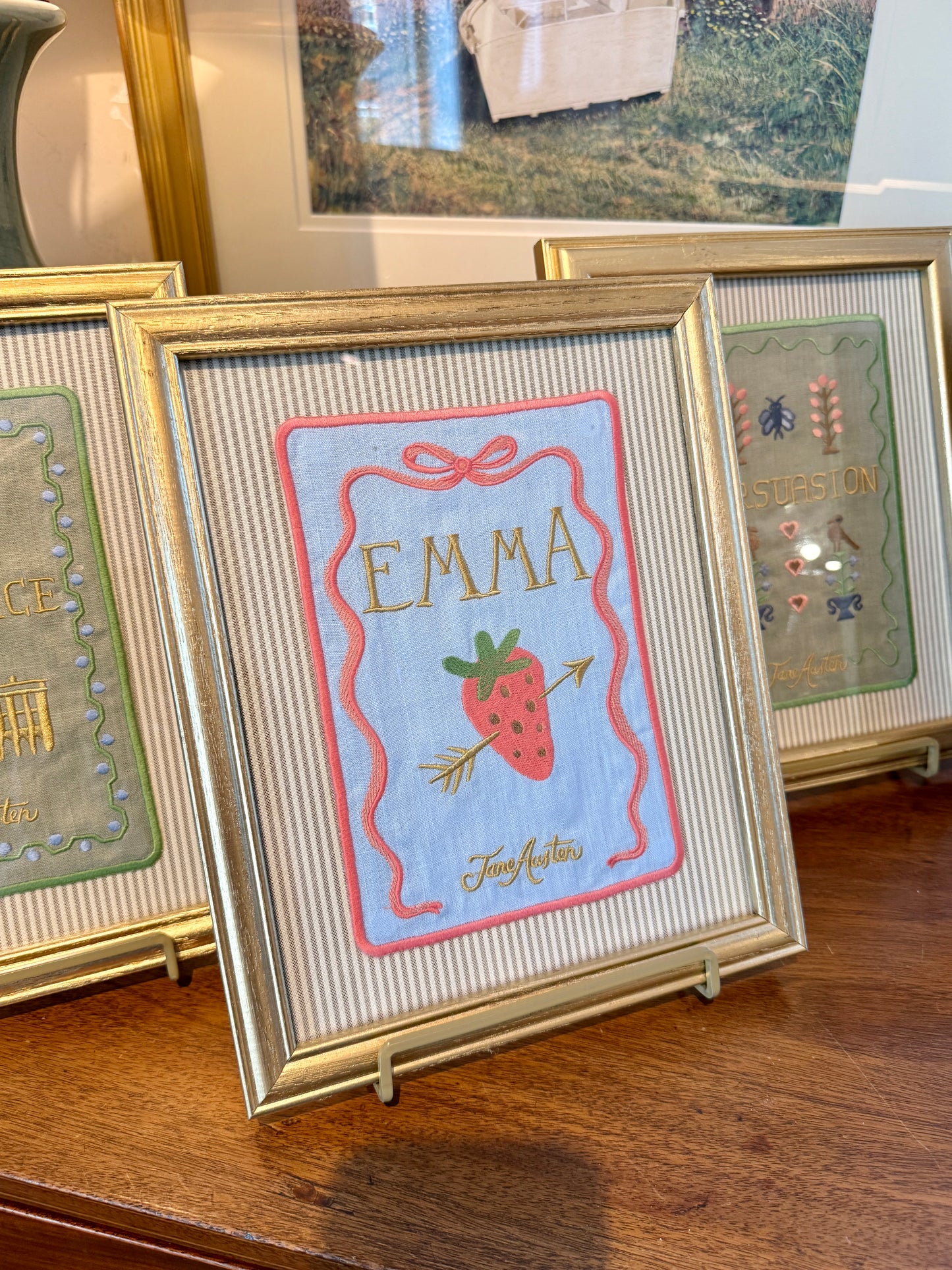 Jane Austen Novels Set of Four Emroidered Linen Books on Neutral Ticking Stripes in Gold Frames