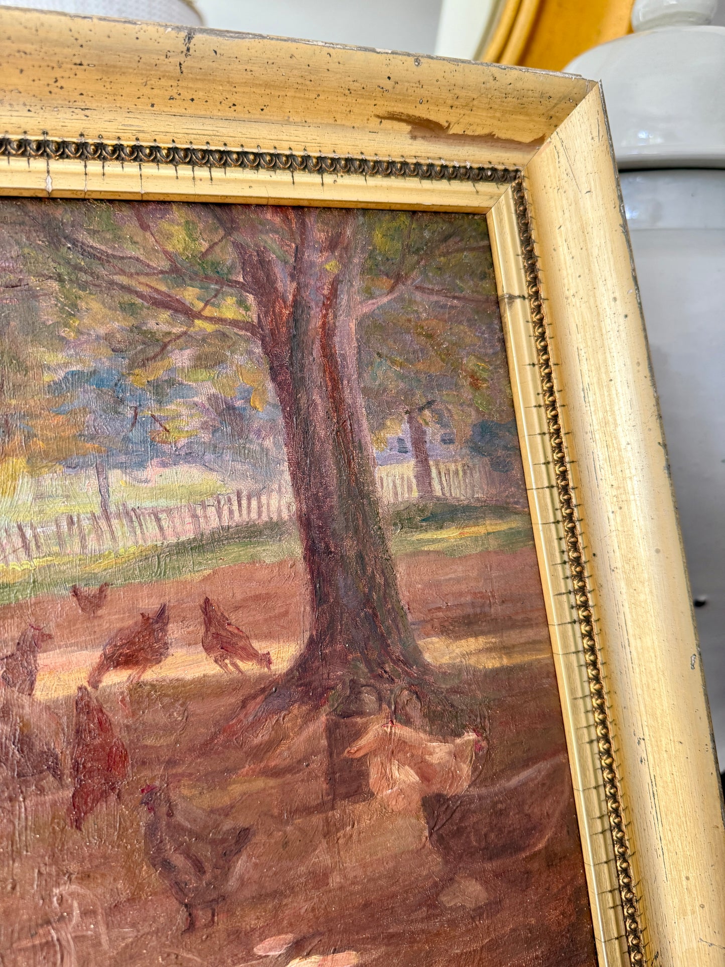 Charles Franklin Chamberlain Chickens in Farm Landscape Oil Painting in Gold Frame