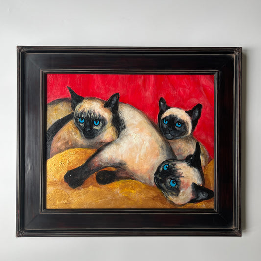Christine McGinnis Seal Point Siamese Cats Portrait in Dark Wood Frame