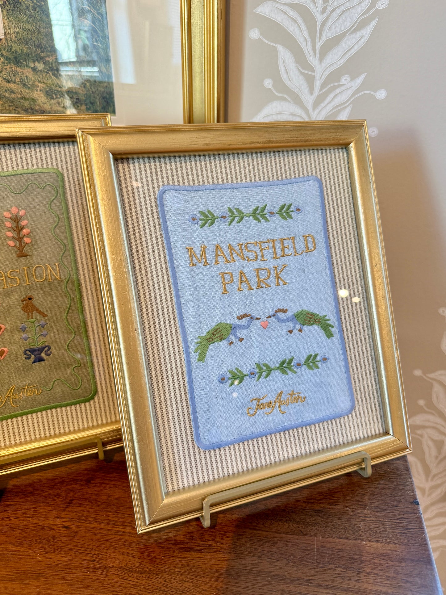 Jane Austen Novels Set of Four Emroidered Linen Books on Neutral Ticking Stripes in Gold Frames
