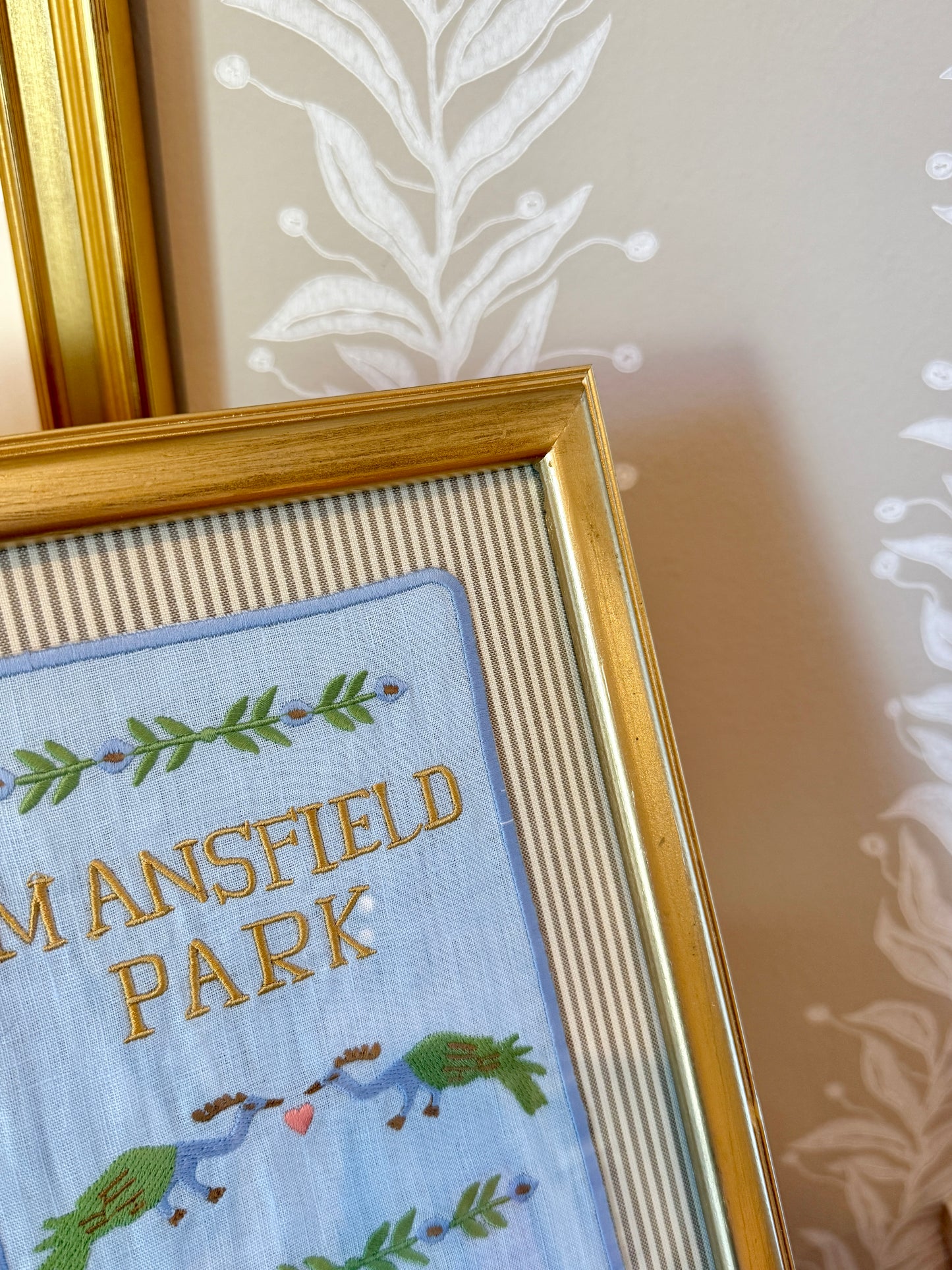 Jane Austen Novels Set of Four Emroidered Linen Books on Neutral Ticking Stripes in Gold Frames