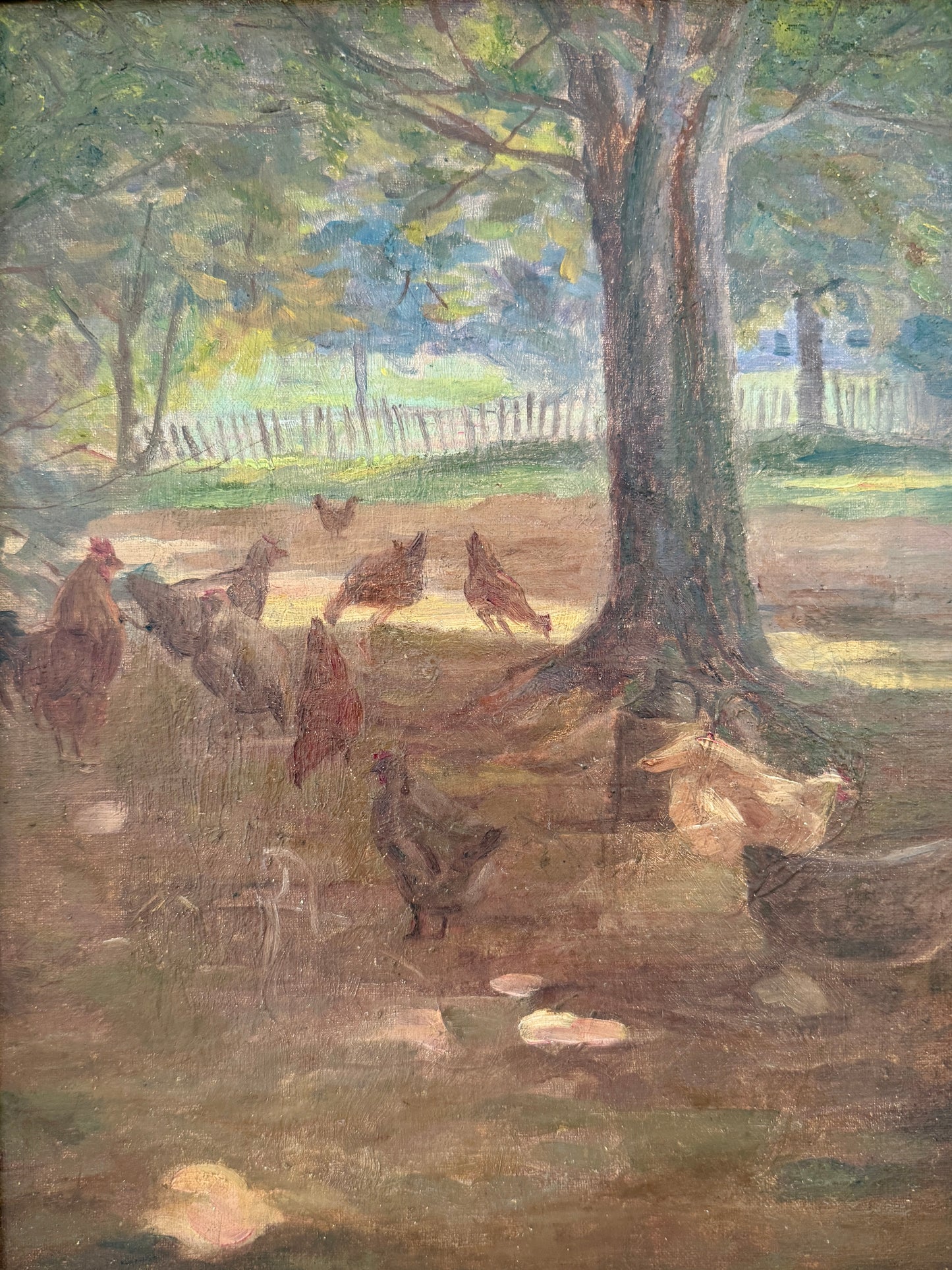 Charles Franklin Chamberlain Chickens in Farm Landscape Oil Painting in Gold Frame