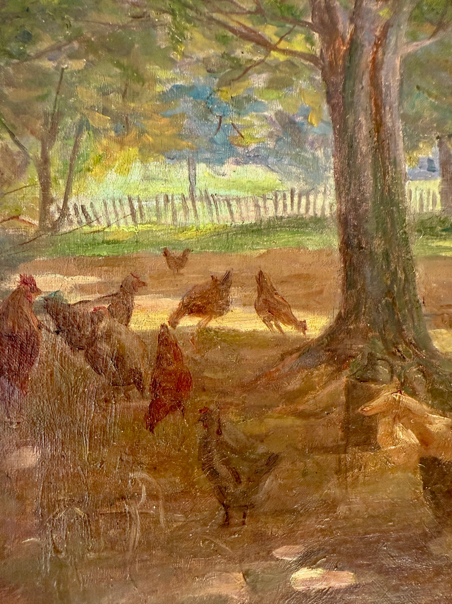 Charles Franklin Chamberlain Chickens in Farm Landscape Oil Painting in Gold Frame