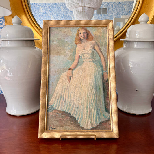 Vintage French Dancing Queen Portrait of Blonde Woman in White Gown Oil Painting in Wavy Gold Frame