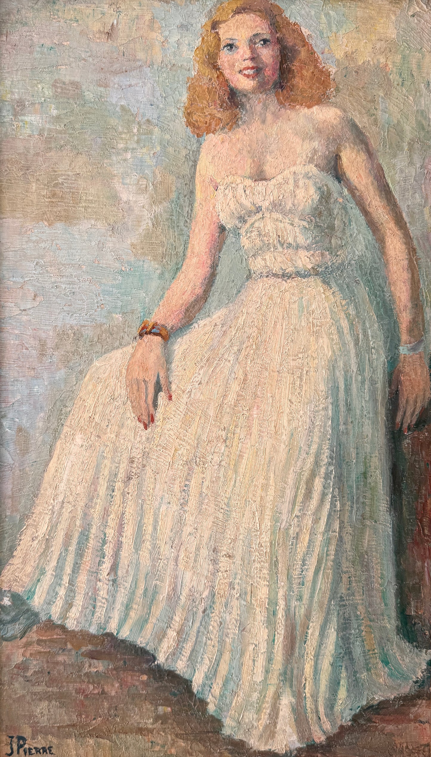 Vintage French Dancing Queen Portrait of Blonde Woman in White Gown Oil Painting in Wavy Gold Frame