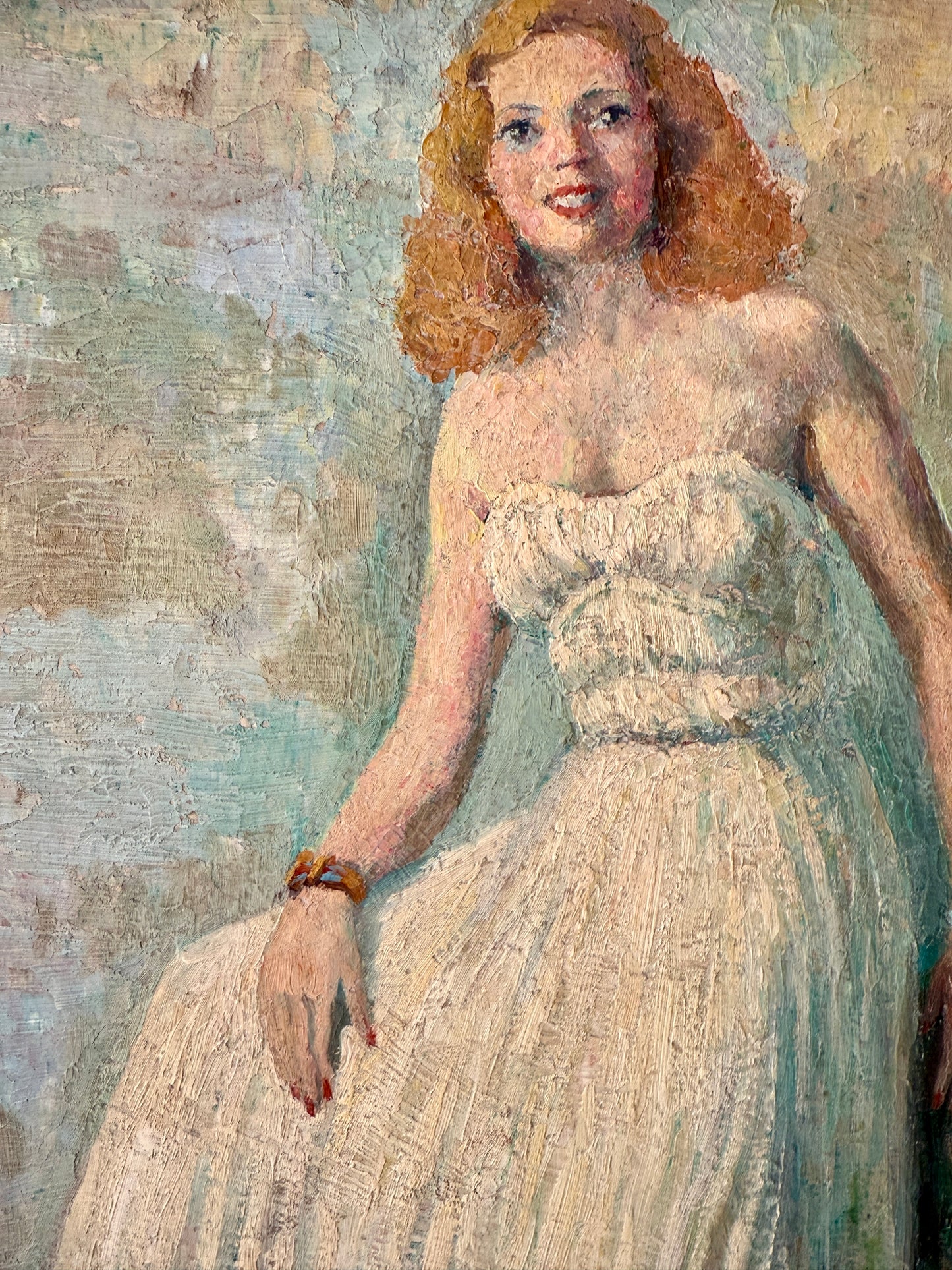 Vintage French Dancing Queen Portrait of Blonde Woman in White Gown Oil Painting in Wavy Gold Frame