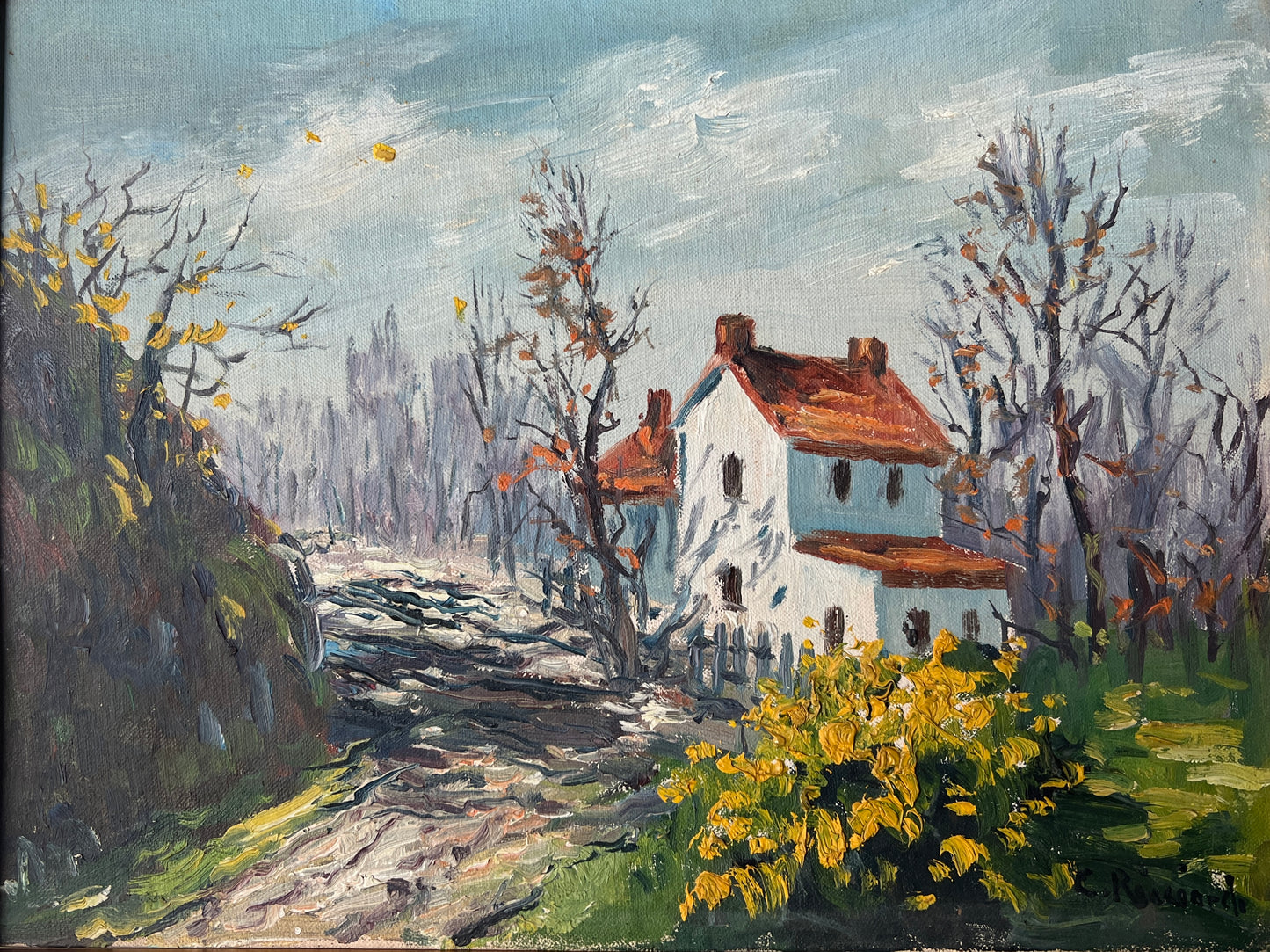 Cesare Ricciardi (American, 1892-1973) Impressionist Farmhouse Landscape Oil Painting in Gold Frame