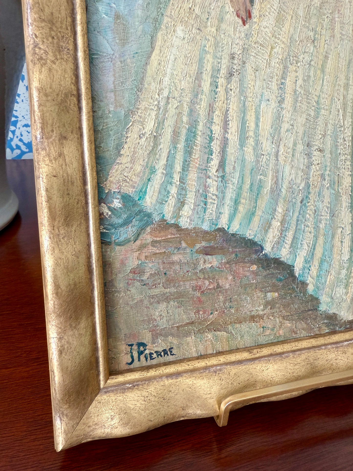 Vintage French Dancing Queen Portrait of Blonde Woman in White Gown Oil Painting in Wavy Gold Frame