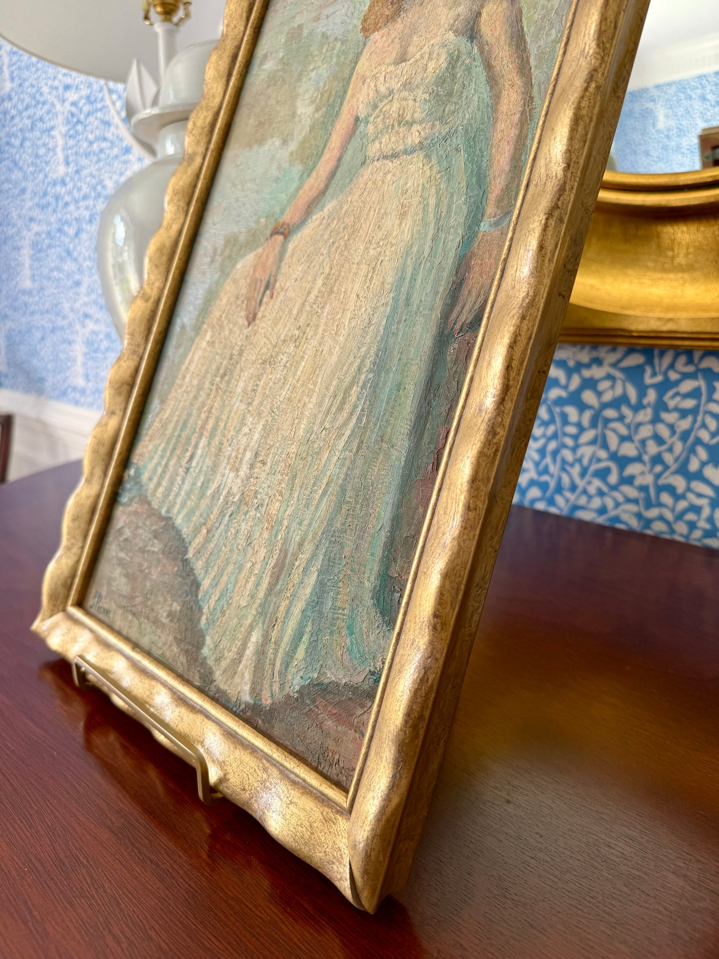 Vintage French Dancing Queen Portrait of Blonde Woman in White Gown Oil Painting in Wavy Gold Frame