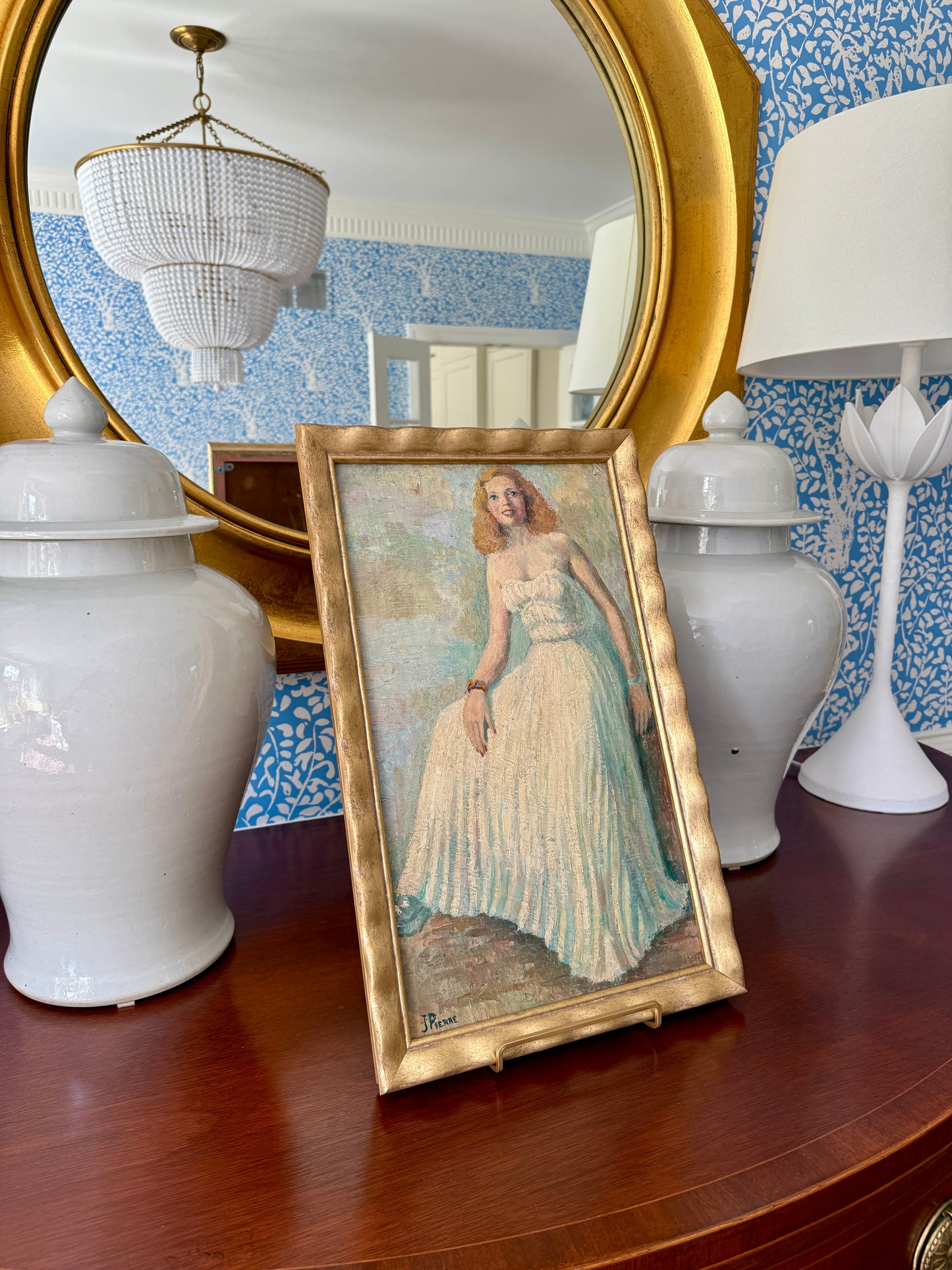 Vintage French Dancing Queen Portrait of Blonde Woman in White Gown Oil Painting in Wavy Gold Frame