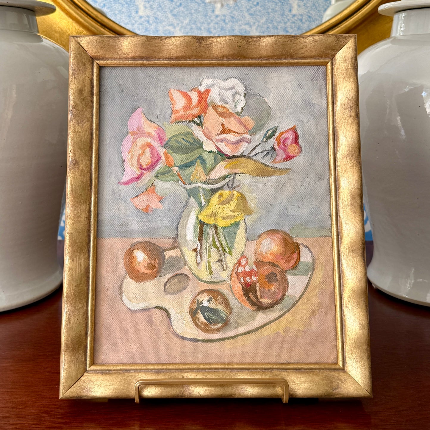 Contemporary Floral and Fruit Still Life Oil Painting in Wavy Gold Frame