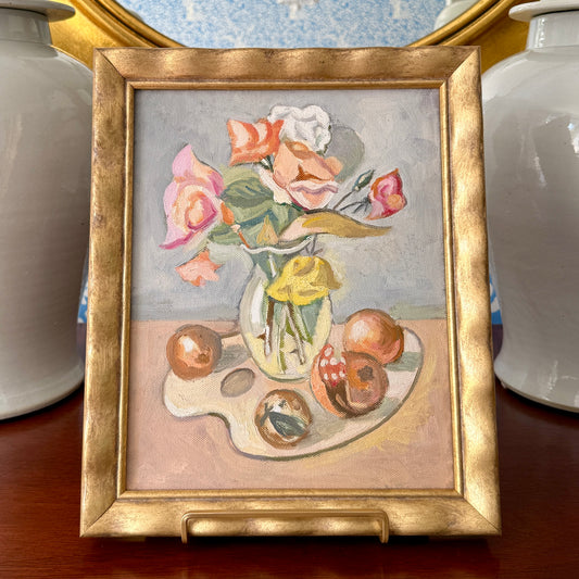 Contemporary Floral and Fruit Still Life Oil Painting in Wavy Gold Frame