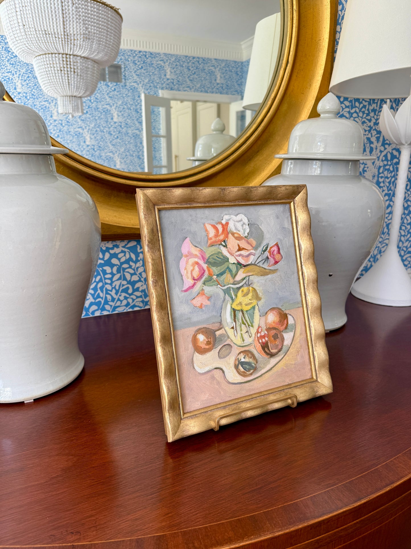 Contemporary Floral and Fruit Still Life Oil Painting in Wavy Gold Frame