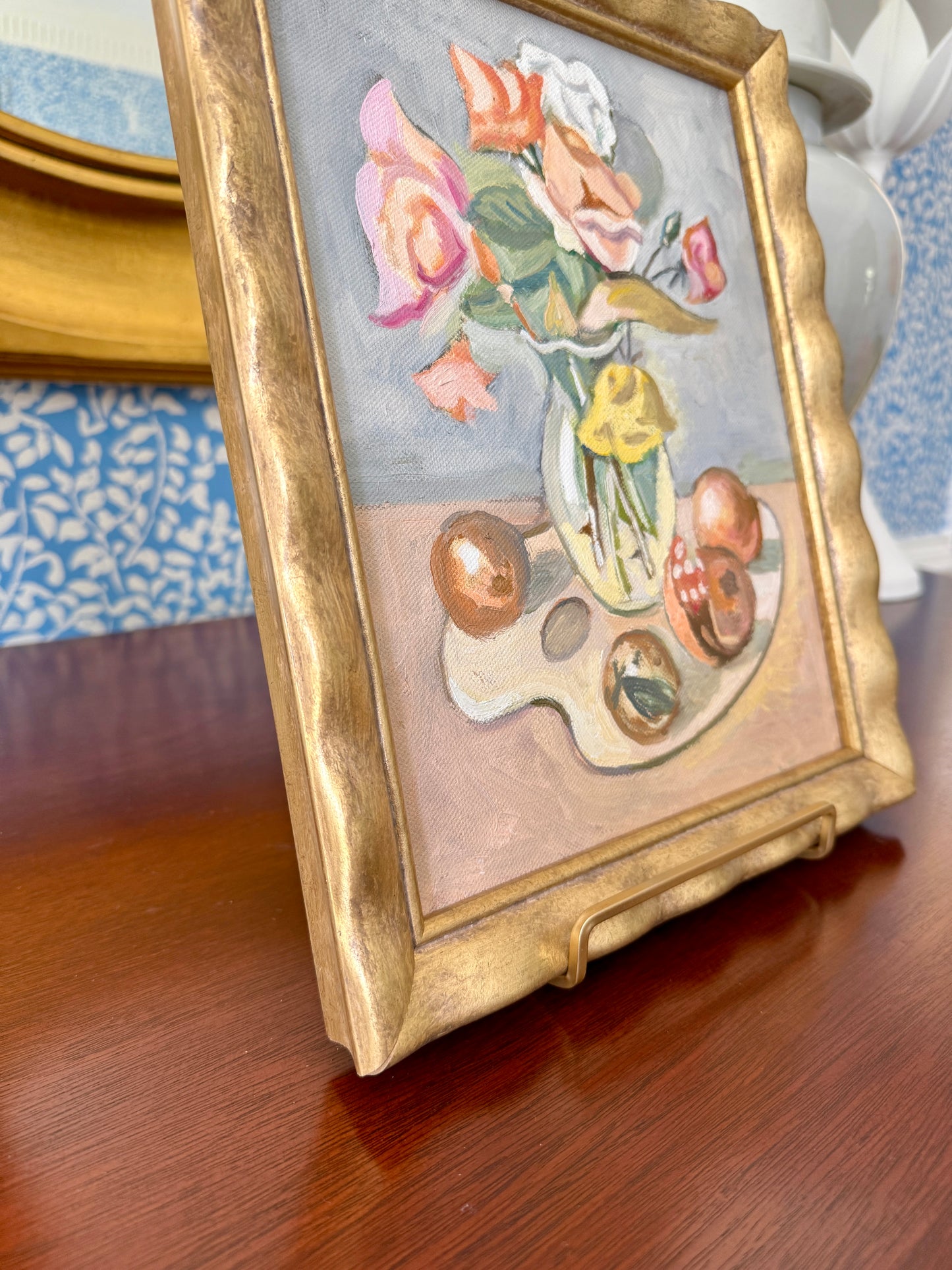 Contemporary Floral and Fruit Still Life Oil Painting in Wavy Gold Frame