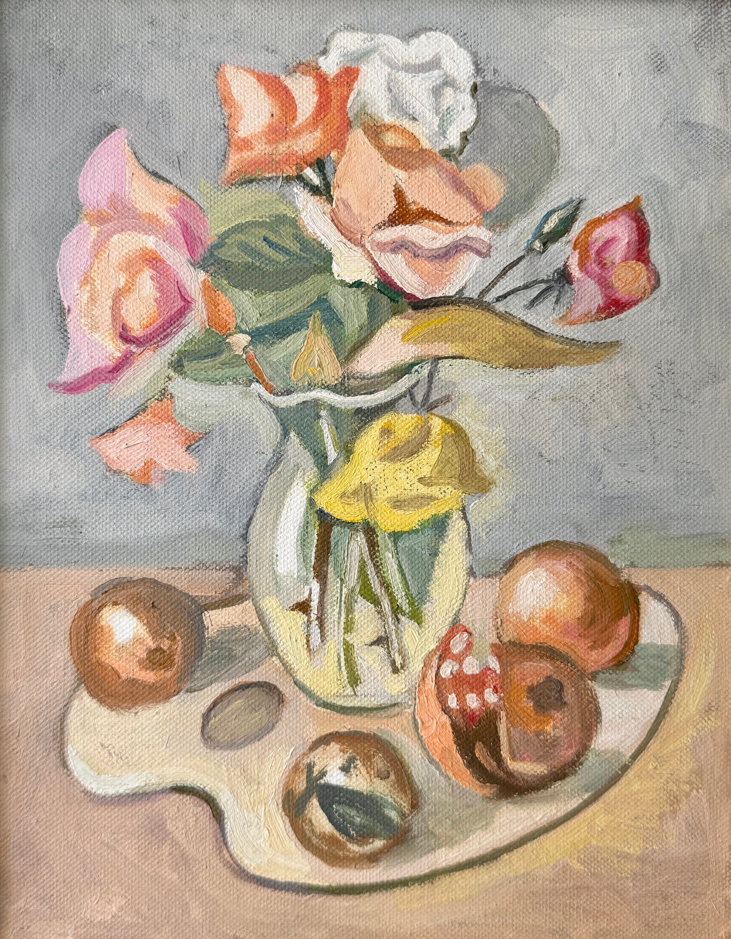 Contemporary Floral and Fruit Still Life Oil Painting in Wavy Gold Frame