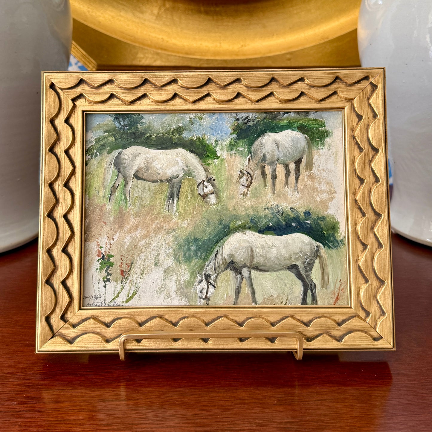 Vintage Horse Trio Oil Painting in Scalloped Gold Frame