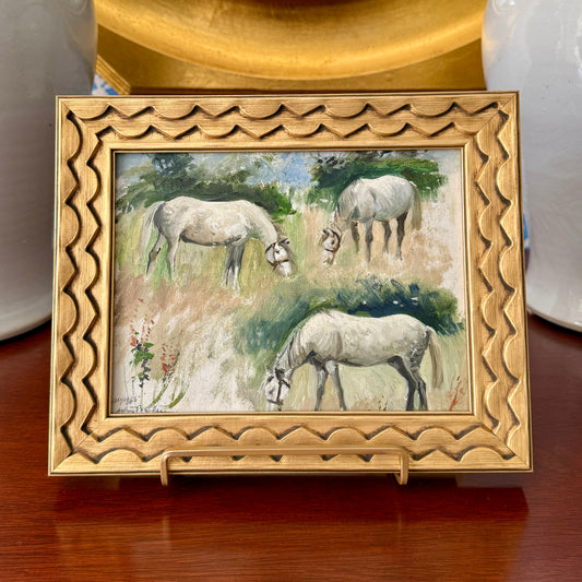Vintage Horse Trio Oil Painting in Scalloped Gold Frame