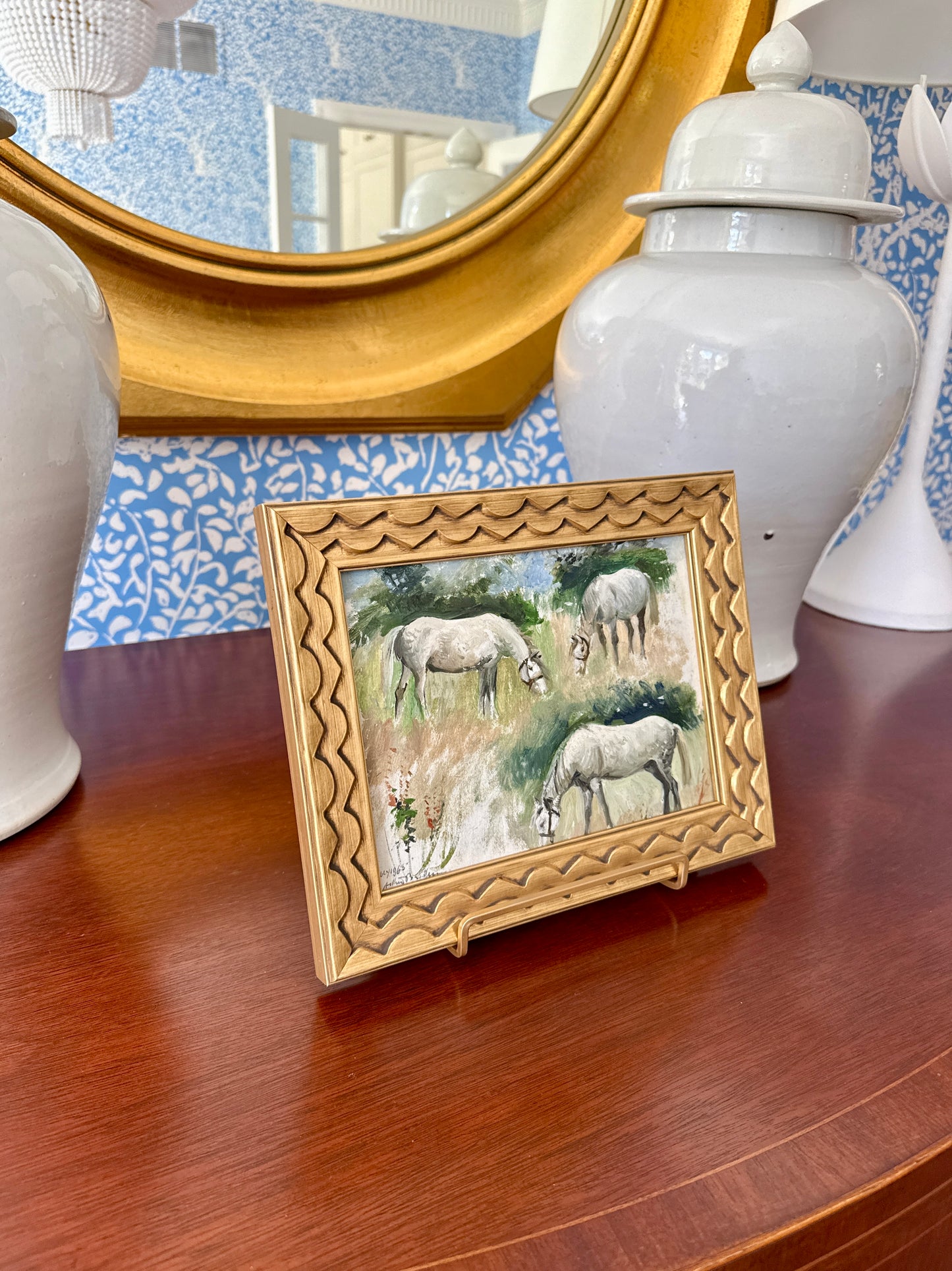 Vintage Horse Trio Oil Painting in Scalloped Gold Frame