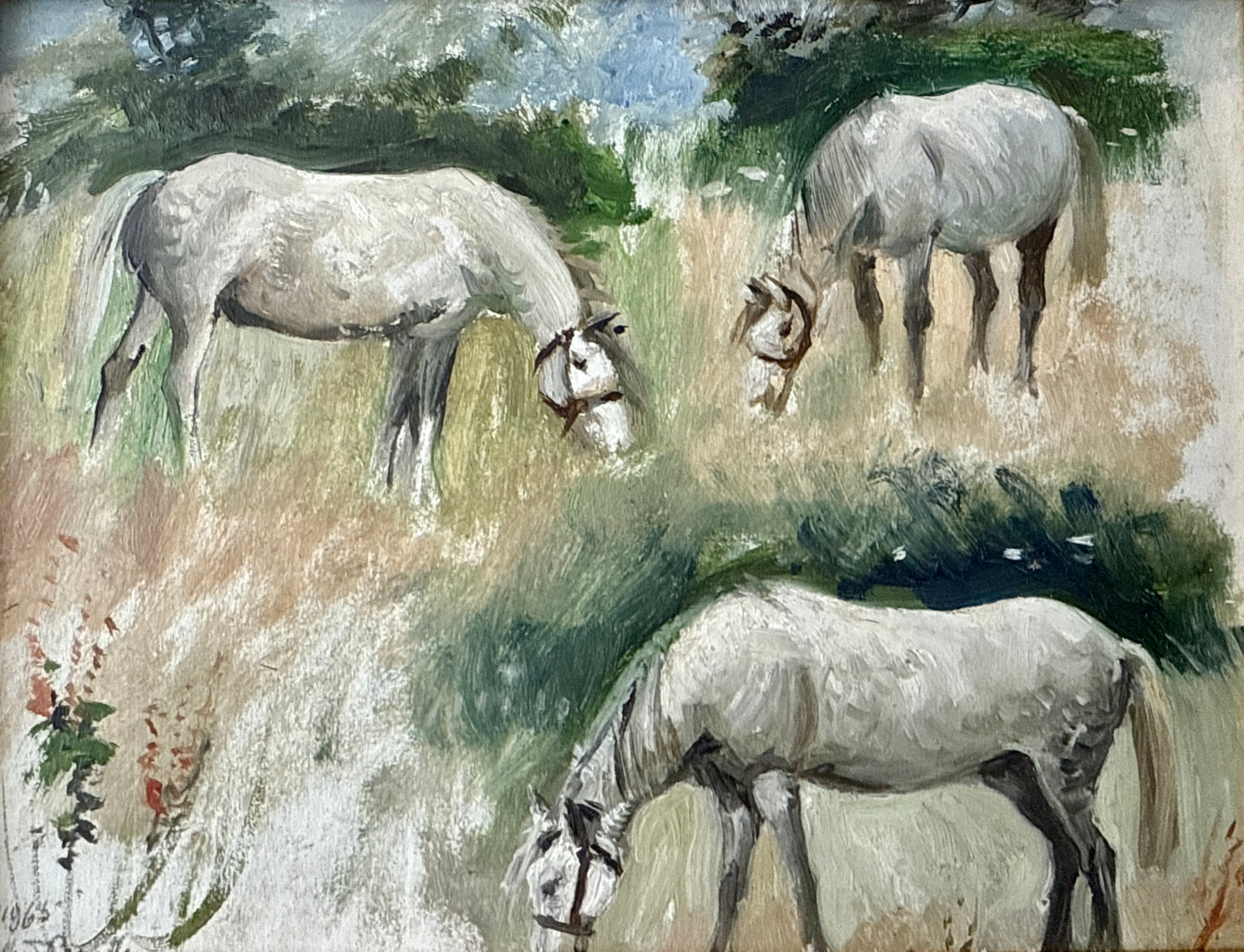 Vintage Horse Trio Oil Painting in Scalloped Gold Frame