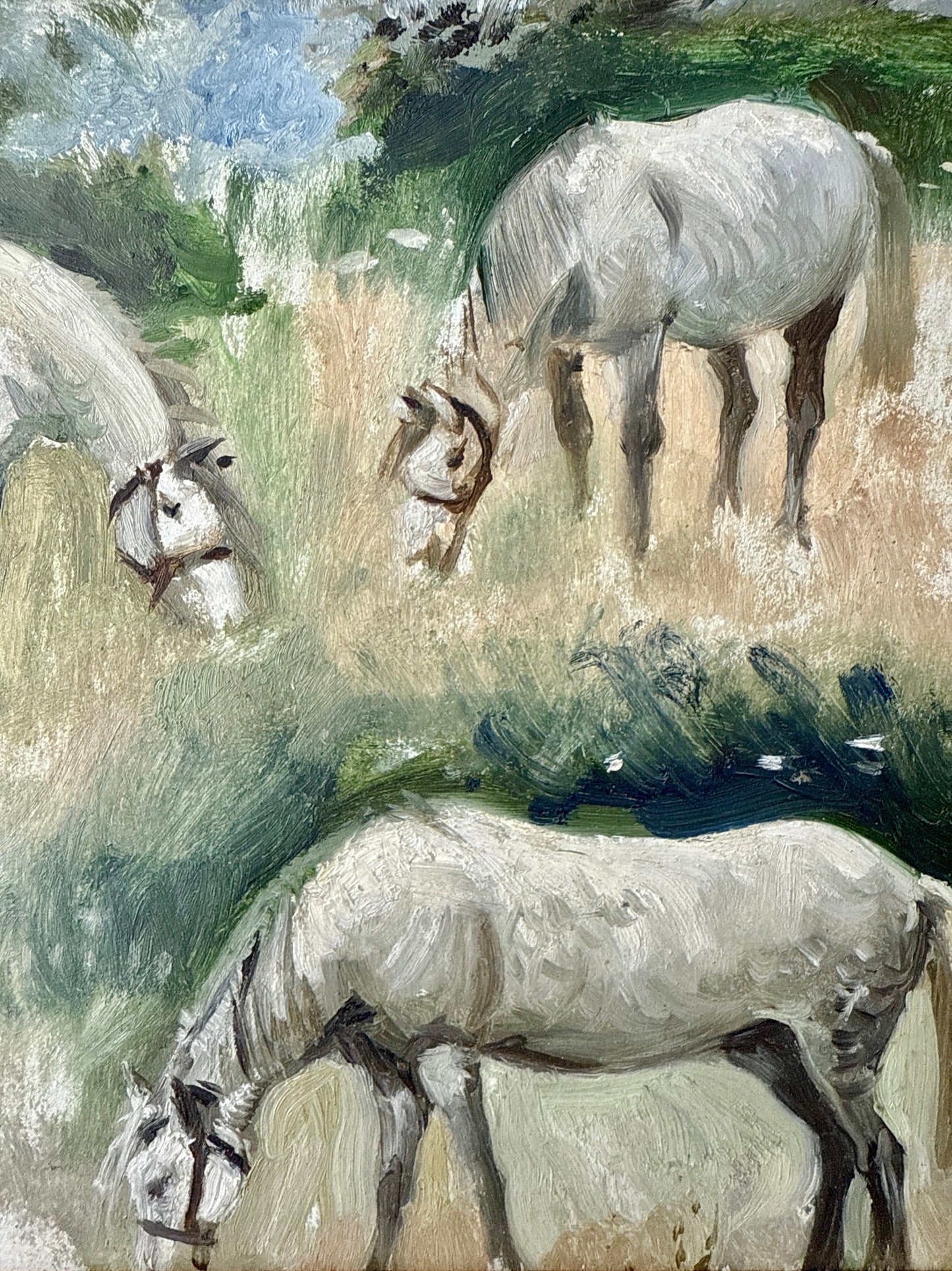 Vintage Horse Trio Oil Painting in Scalloped Gold Frame