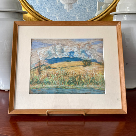 1978 White Clouds over Rolling Summer Fields Landscape Pastel in Pine Frame