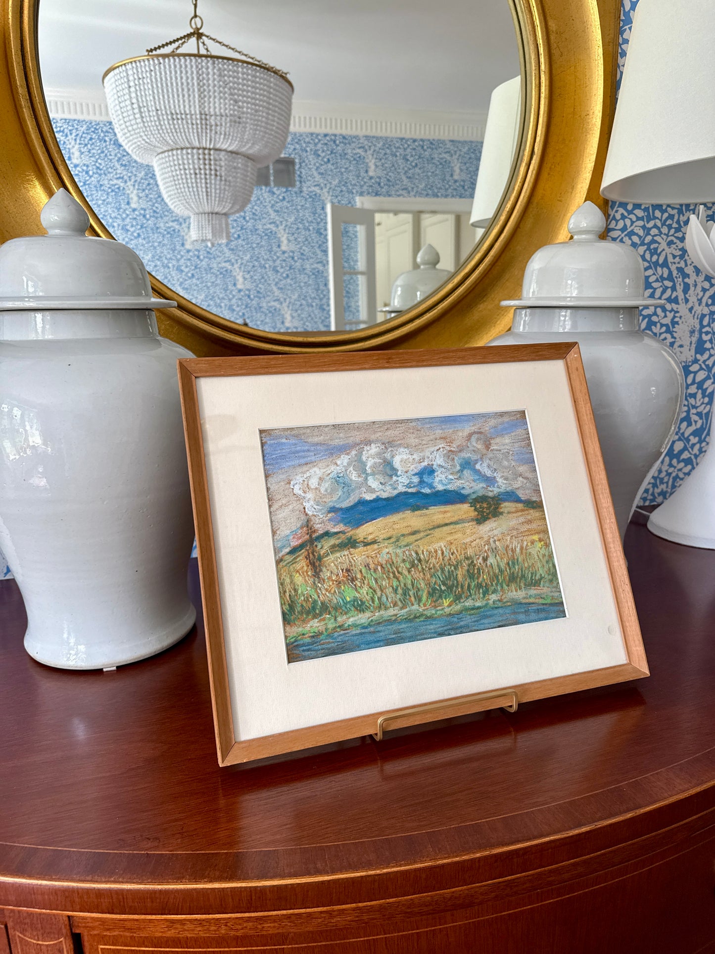 1978 White Clouds over Rolling Summer Fields Landscape Pastel in Pine Frame