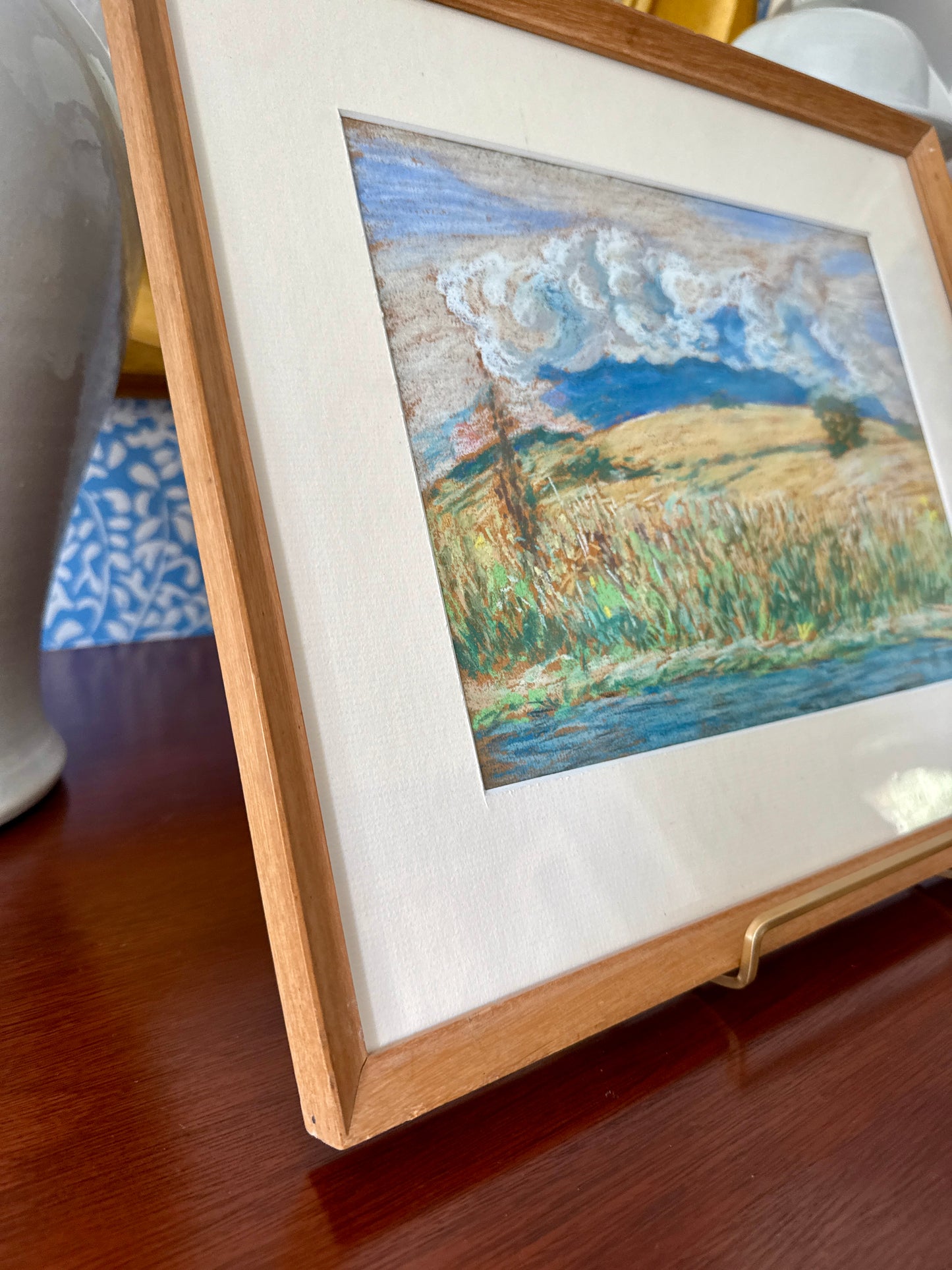1978 White Clouds over Rolling Summer Fields Landscape Pastel in Pine Frame