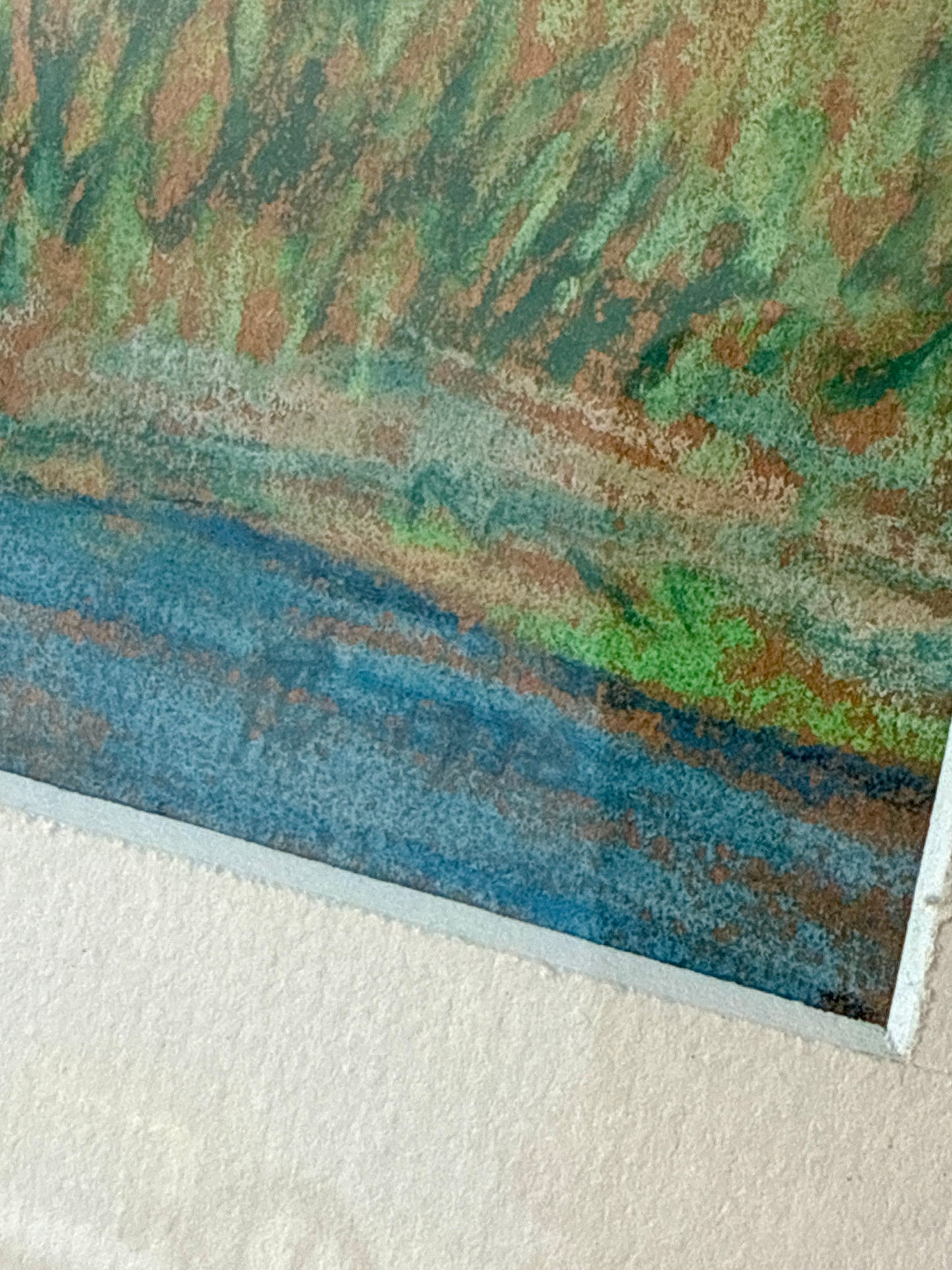 1978 White Clouds over Rolling Summer Fields Landscape Pastel in Pine Frame