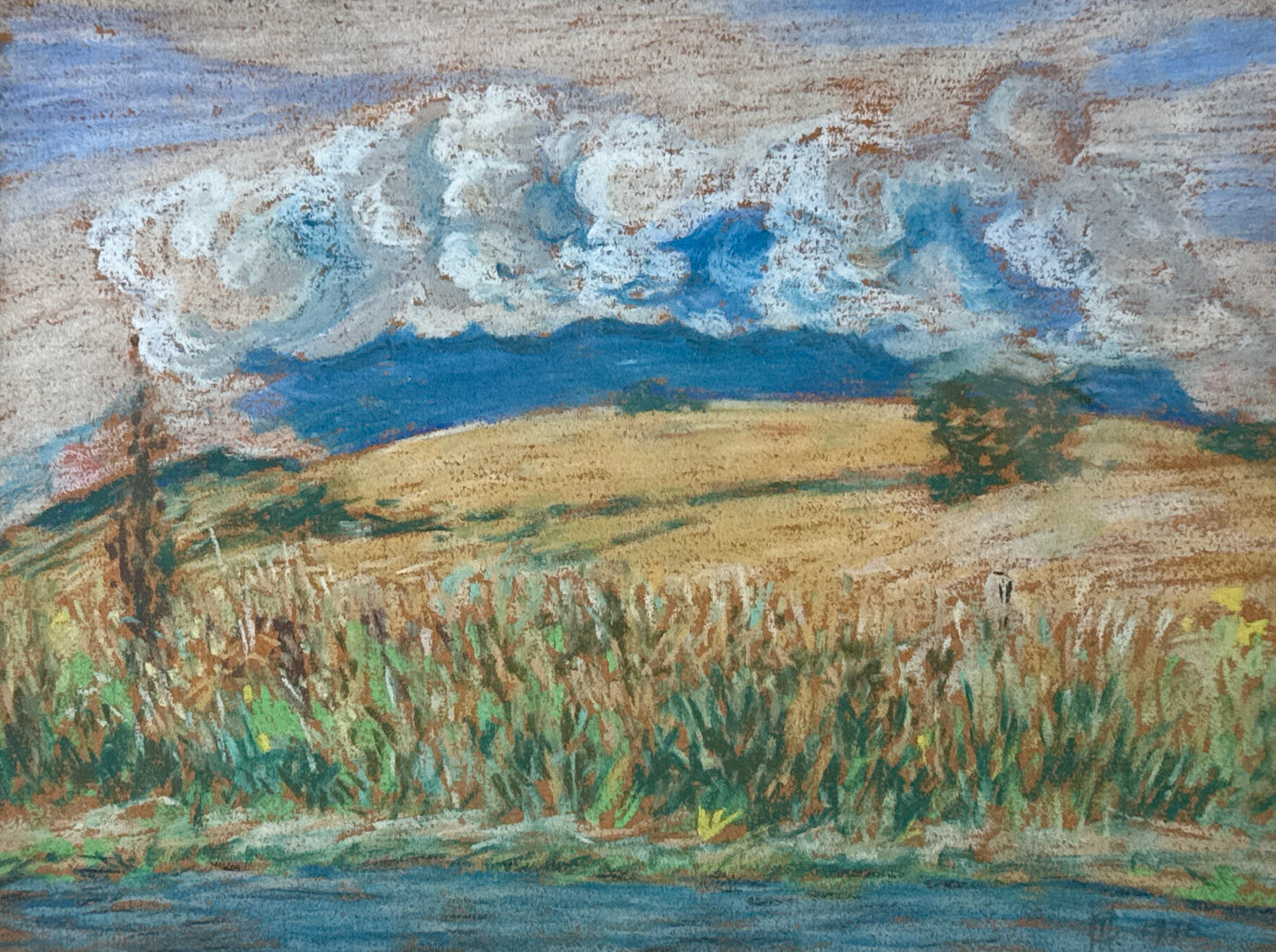 1978 White Clouds over Rolling Summer Fields Landscape Pastel in Pine Frame
