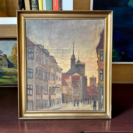 Early 20th Century European Street Scene at Dusk Oil Painting in Gold Frame
