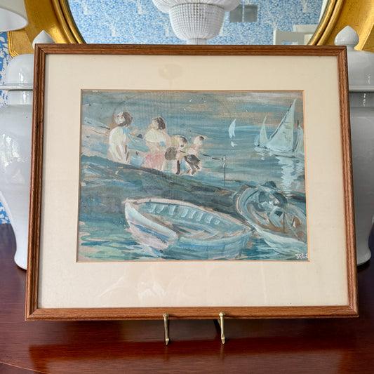 Vintage English Expressive Watercolor Seascape Harbor Walls at Tenby in Wood Frame