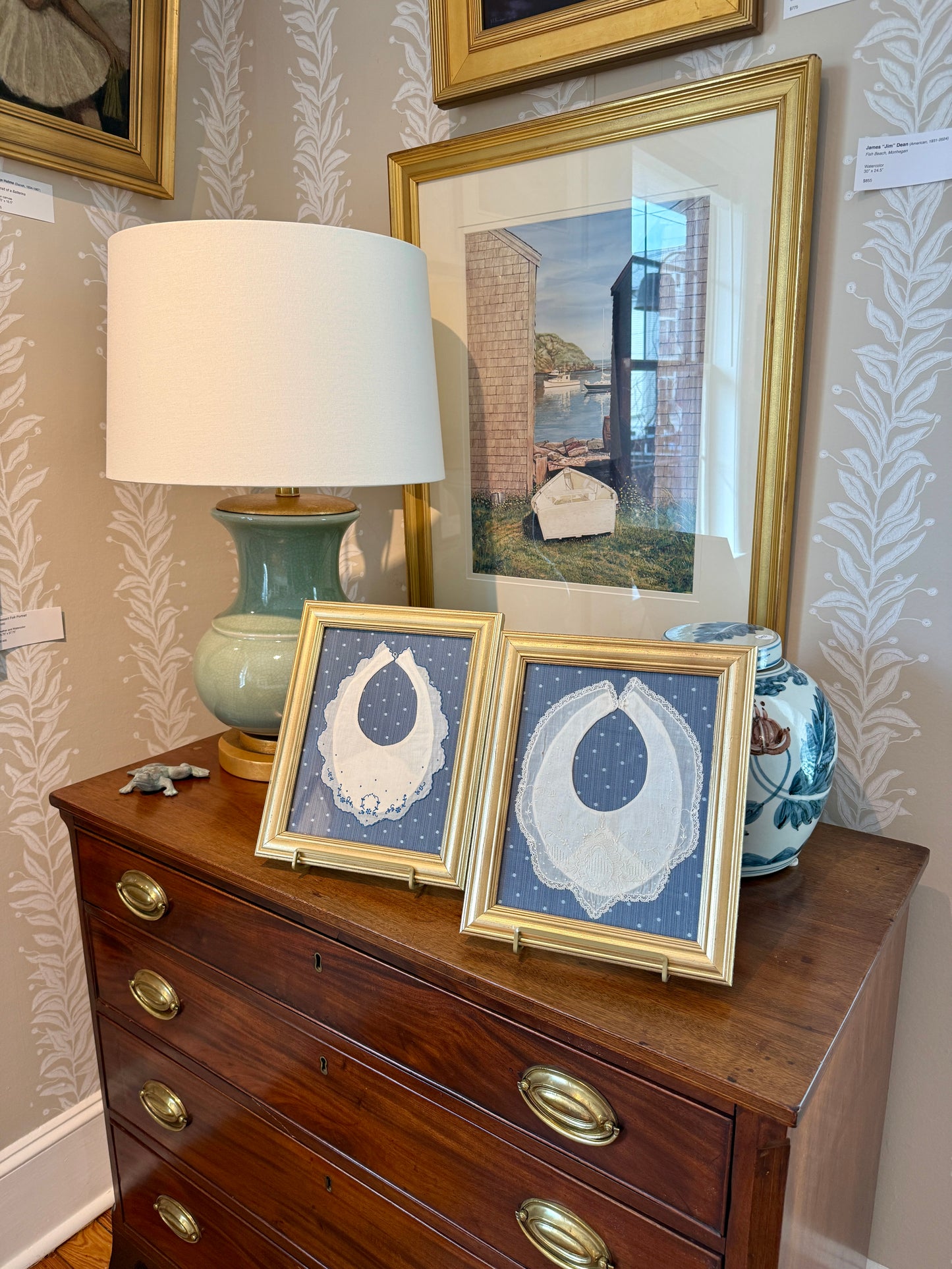Pair of Antique Lace Baby Bibs on Light Blue Dots in Gold Frames