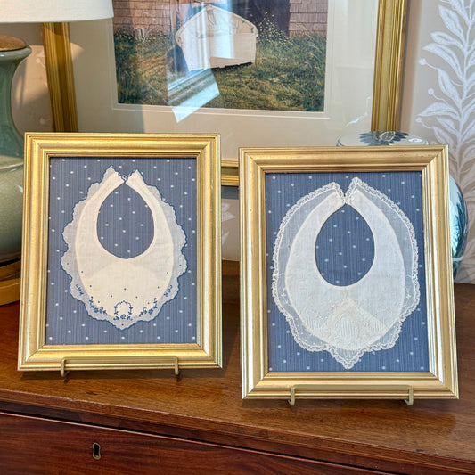Pair of Antique Lace Baby Bibs on Light Blue Dots in Gold Frames