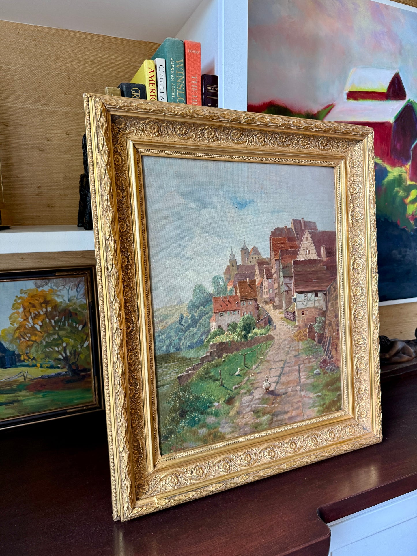 Early 20th Century Antique Dutch White Duck in Townscsape Oil Painting in Ornate Gold Frame