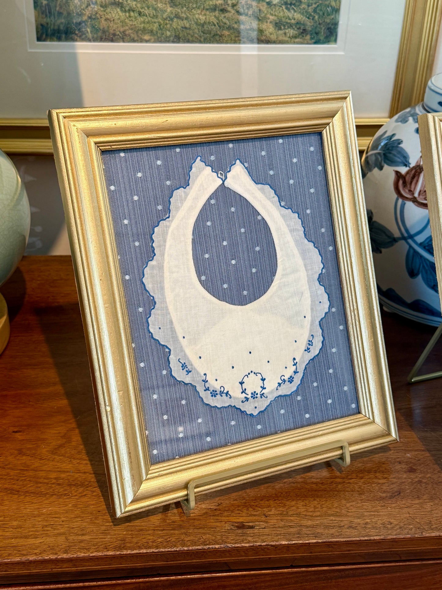 Pair of Antique Lace Baby Bibs on Light Blue Dots in Gold Frames