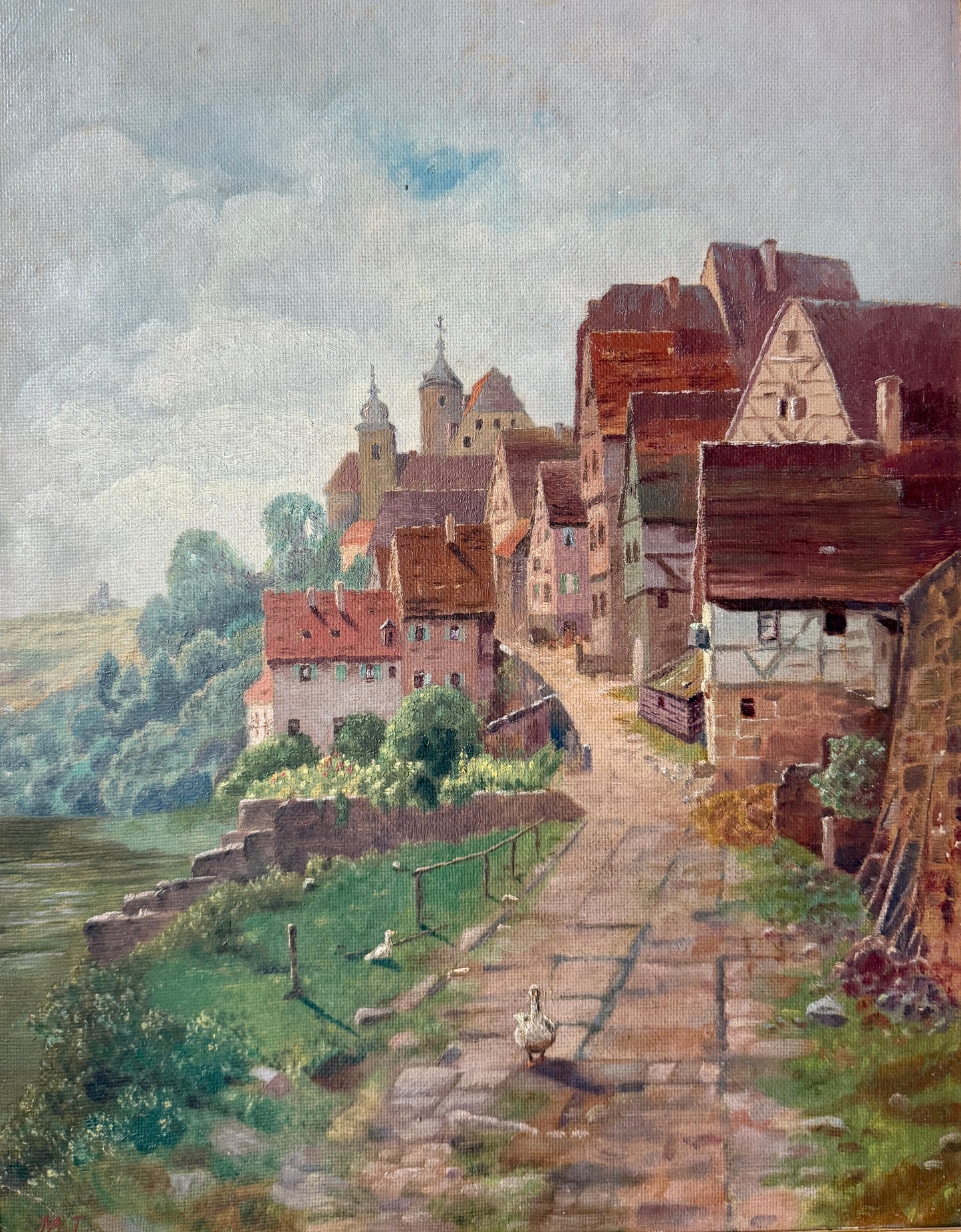 Early 20th Century Antique Dutch White Duck in Townscsape Oil Painting in Ornate Gold Frame