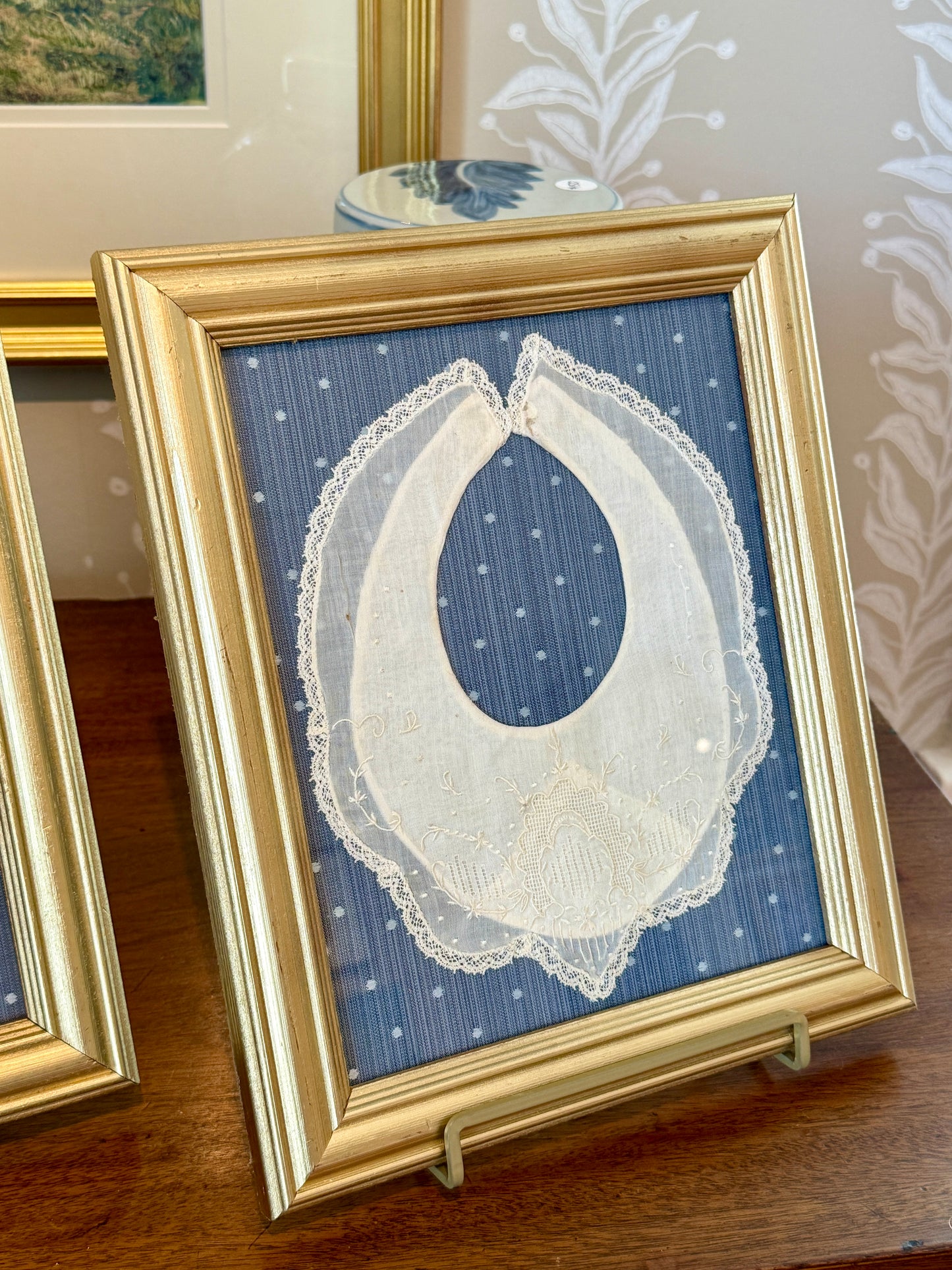 Pair of Antique Lace Baby Bibs on Light Blue Dots in Gold Frames