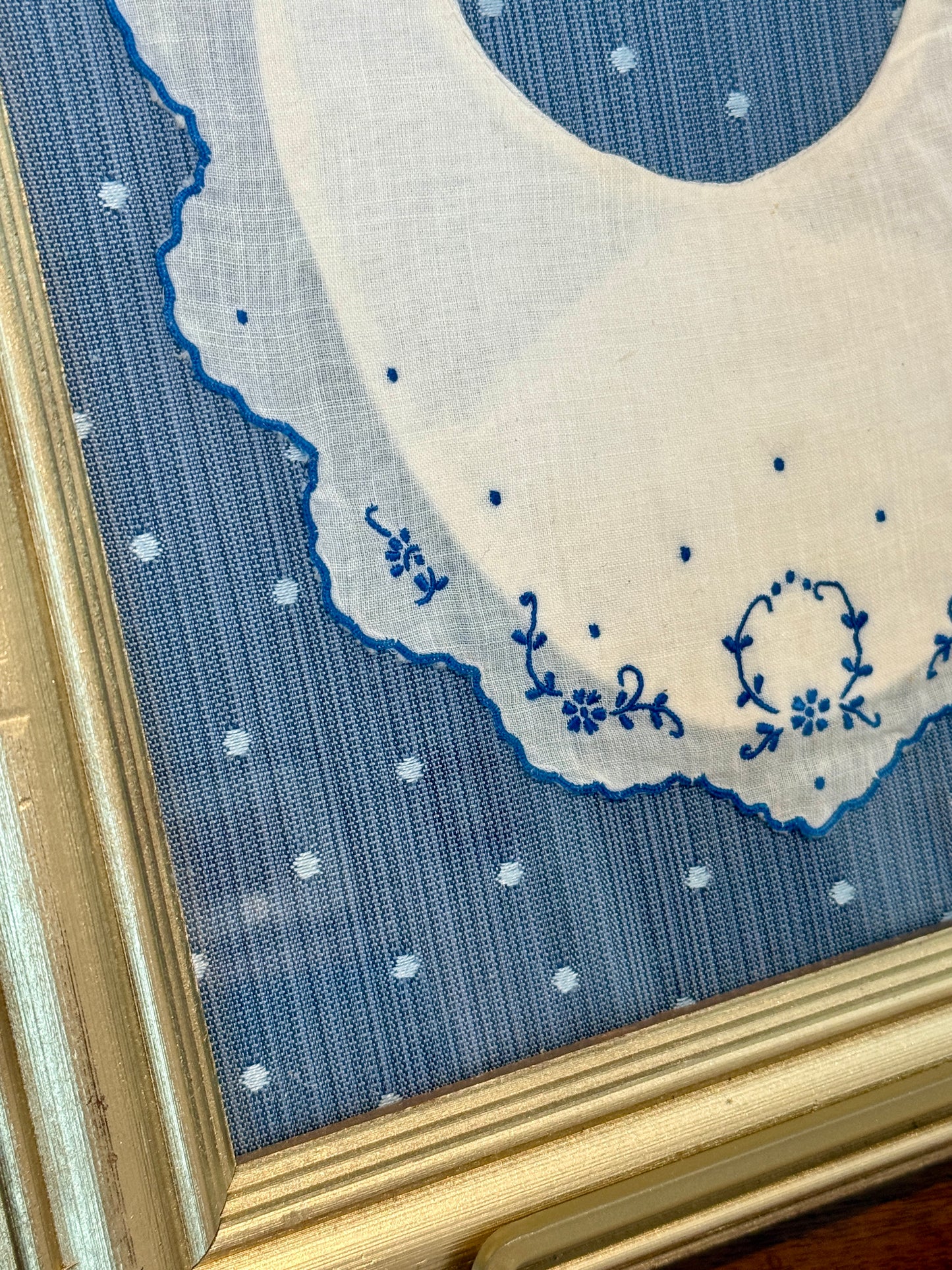 Pair of Antique Lace Baby Bibs on Light Blue Dots in Gold Frames