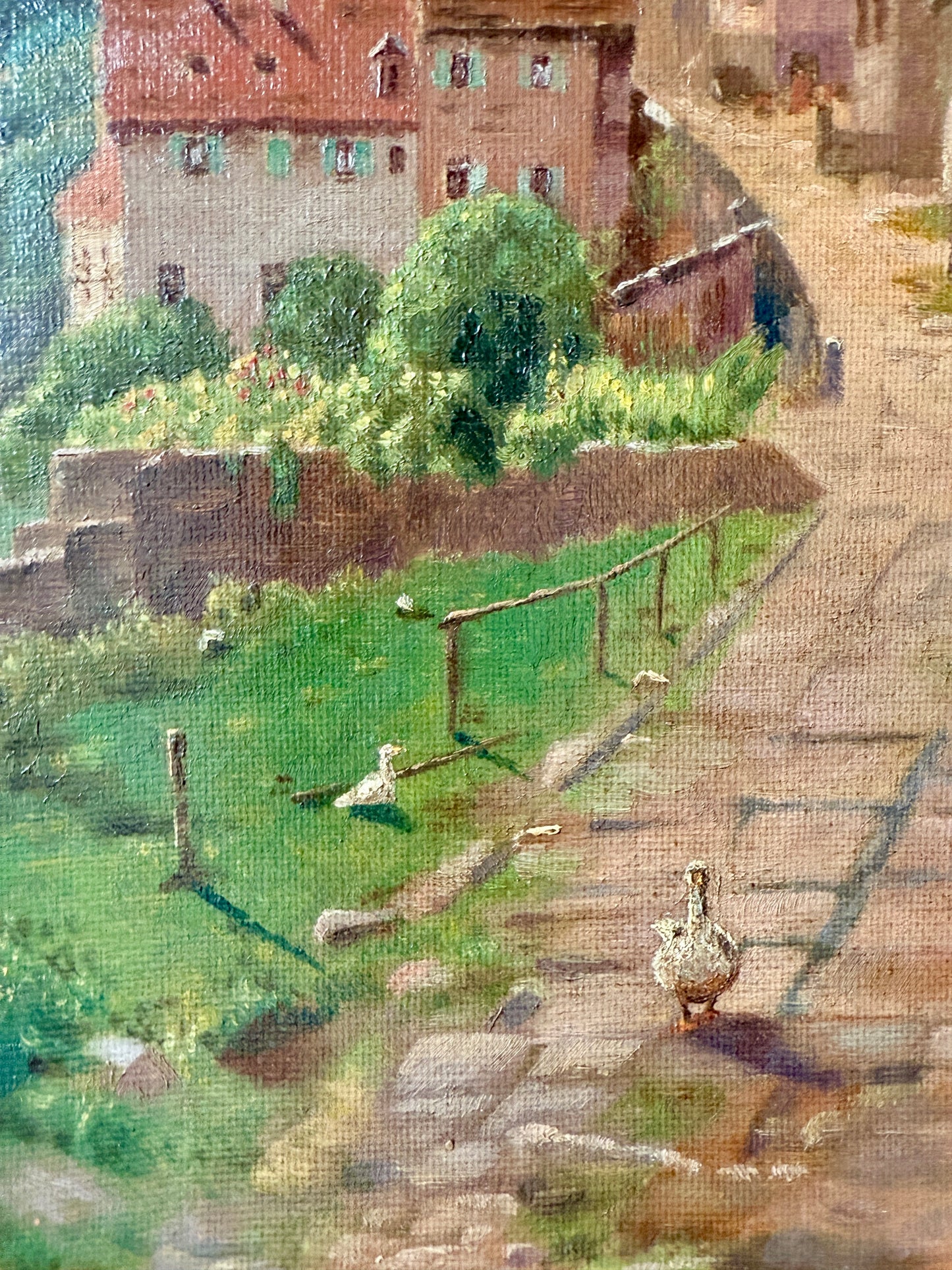 Early 20th Century Antique Dutch White Duck in Townscsape Oil Painting in Ornate Gold Frame