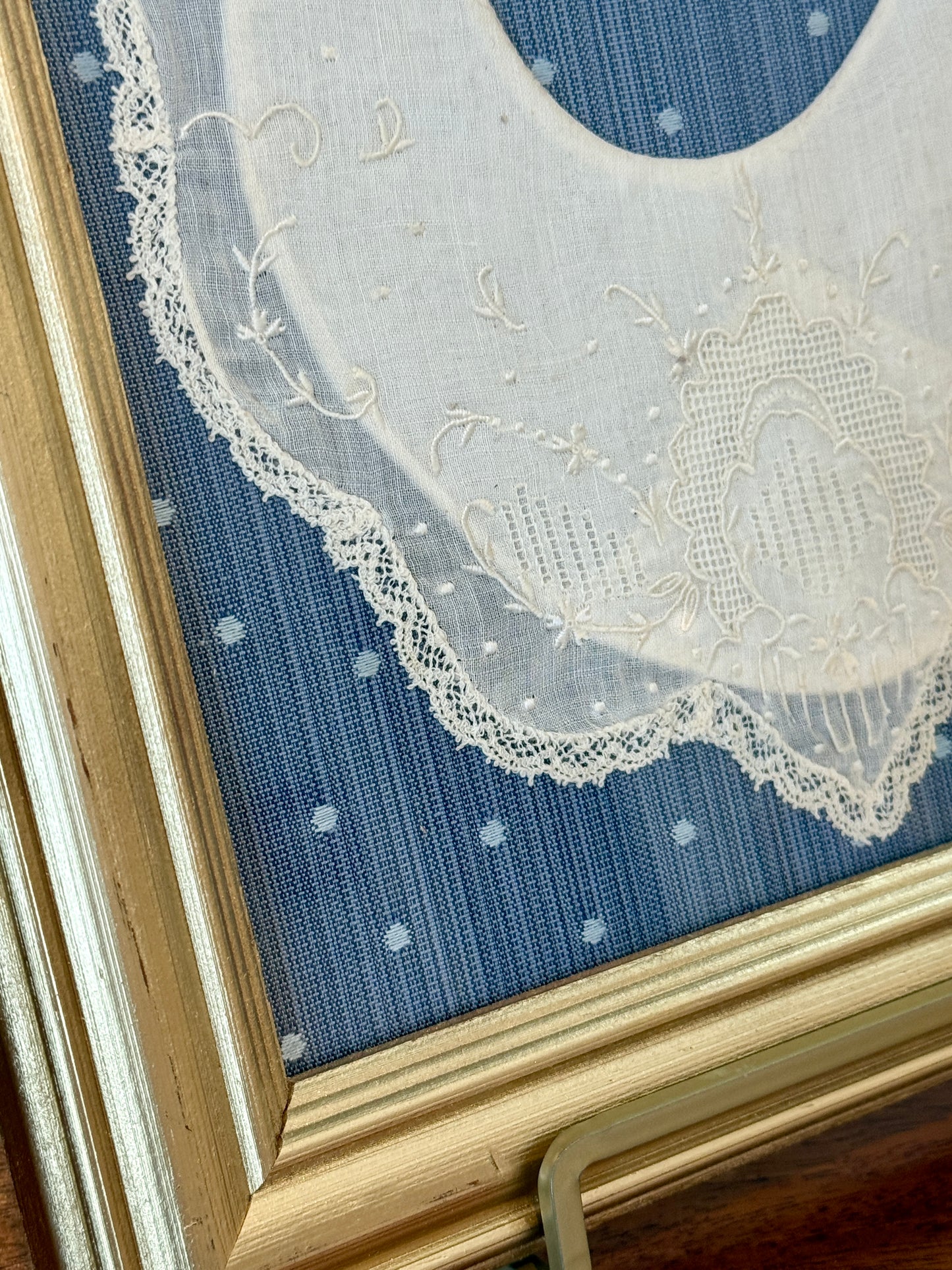 Pair of Antique Lace Baby Bibs on Light Blue Dots in Gold Frames