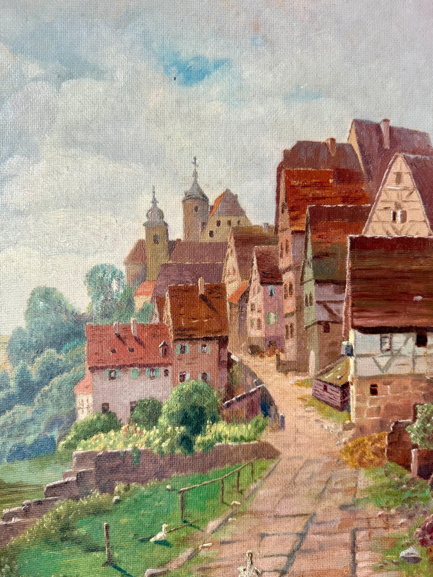 Early 20th Century Antique Dutch White Duck in Townscsape Oil Painting in Ornate Gold Frame