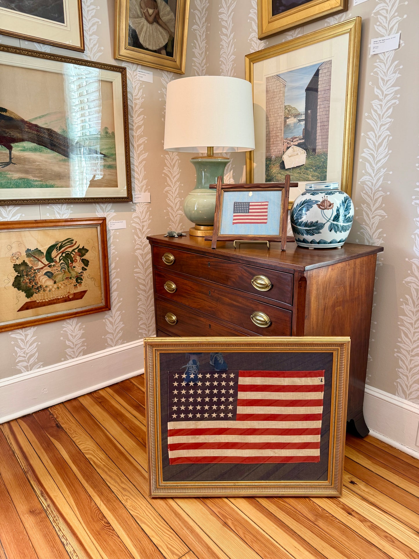 Large 48 Star American Flag on Dark Chambray in Gold Frame