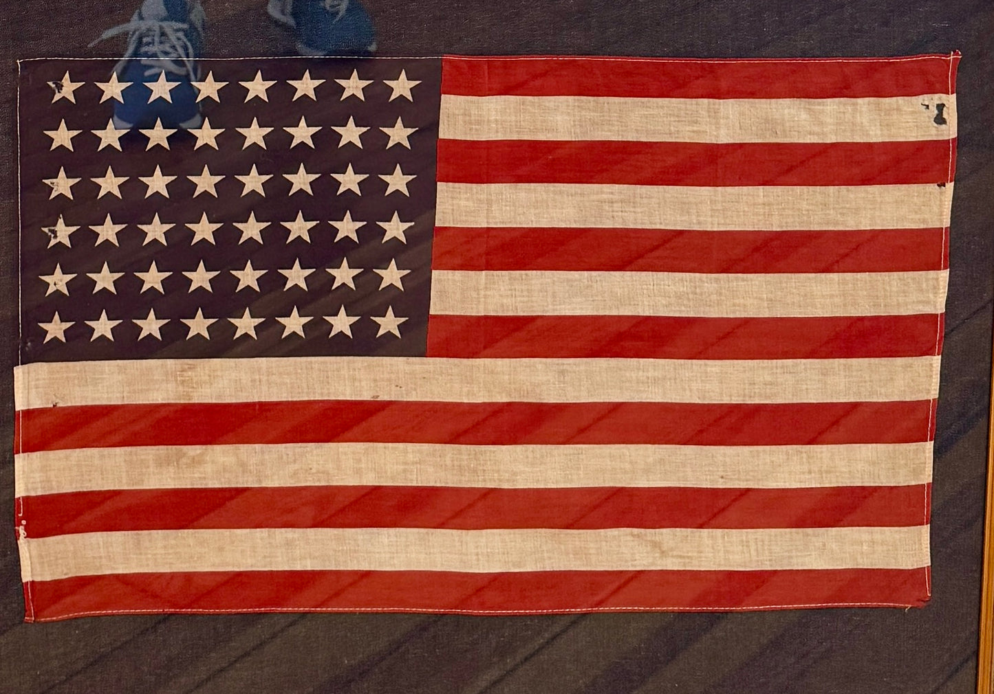 Large 48 Star American Flag on Dark Chambray in Gold Frame