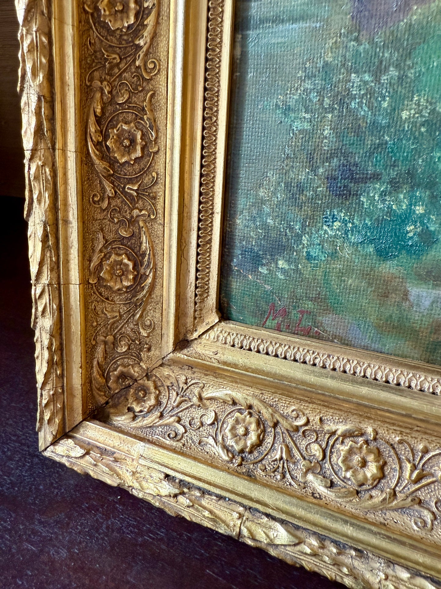 Early 20th Century Antique Dutch White Duck in Townscsape Oil Painting in Ornate Gold Frame