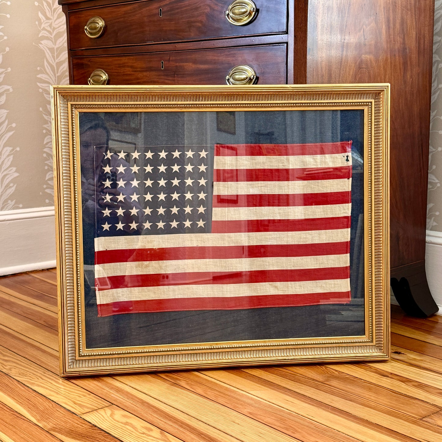 Large 48 Star American Flag on Dark Chambray in Gold Frame