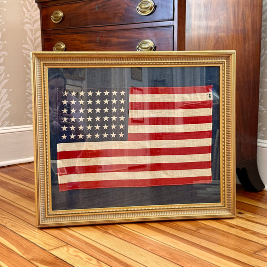 Large 48 Star American Flag on Dark Chambray in Gold Frame