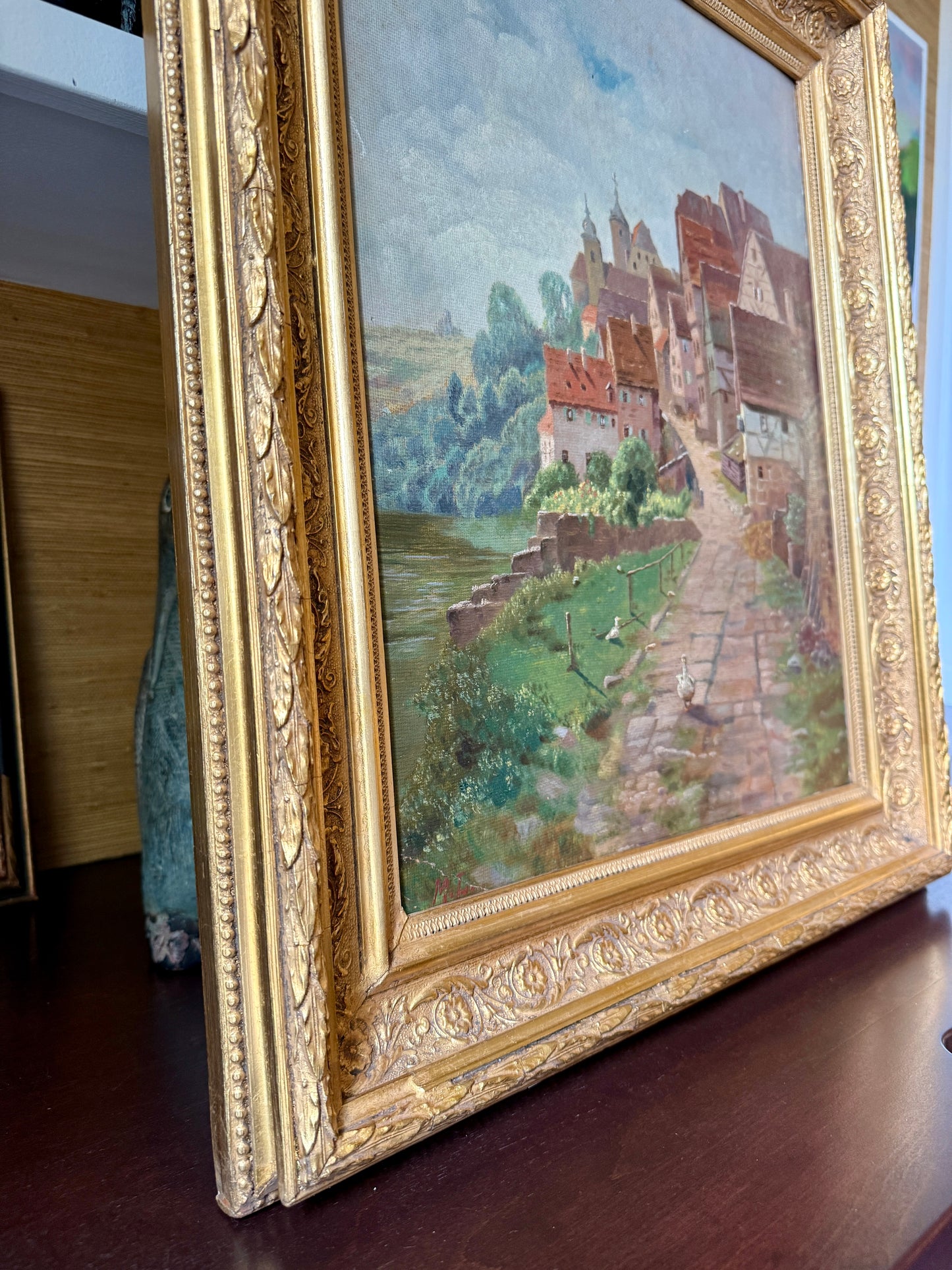 Early 20th Century Antique Dutch White Duck in Townscsape Oil Painting in Ornate Gold Frame