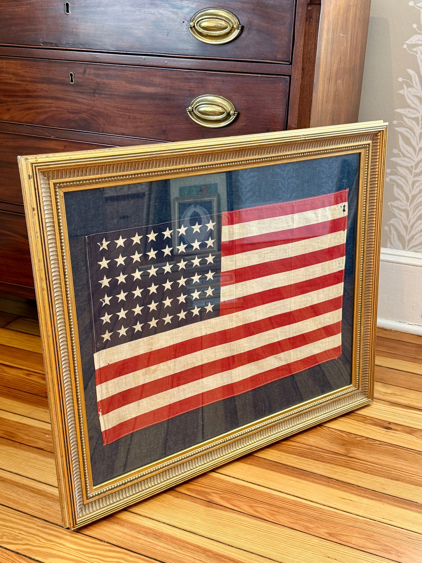 Large 48 Star American Flag on Dark Chambray in Gold Frame