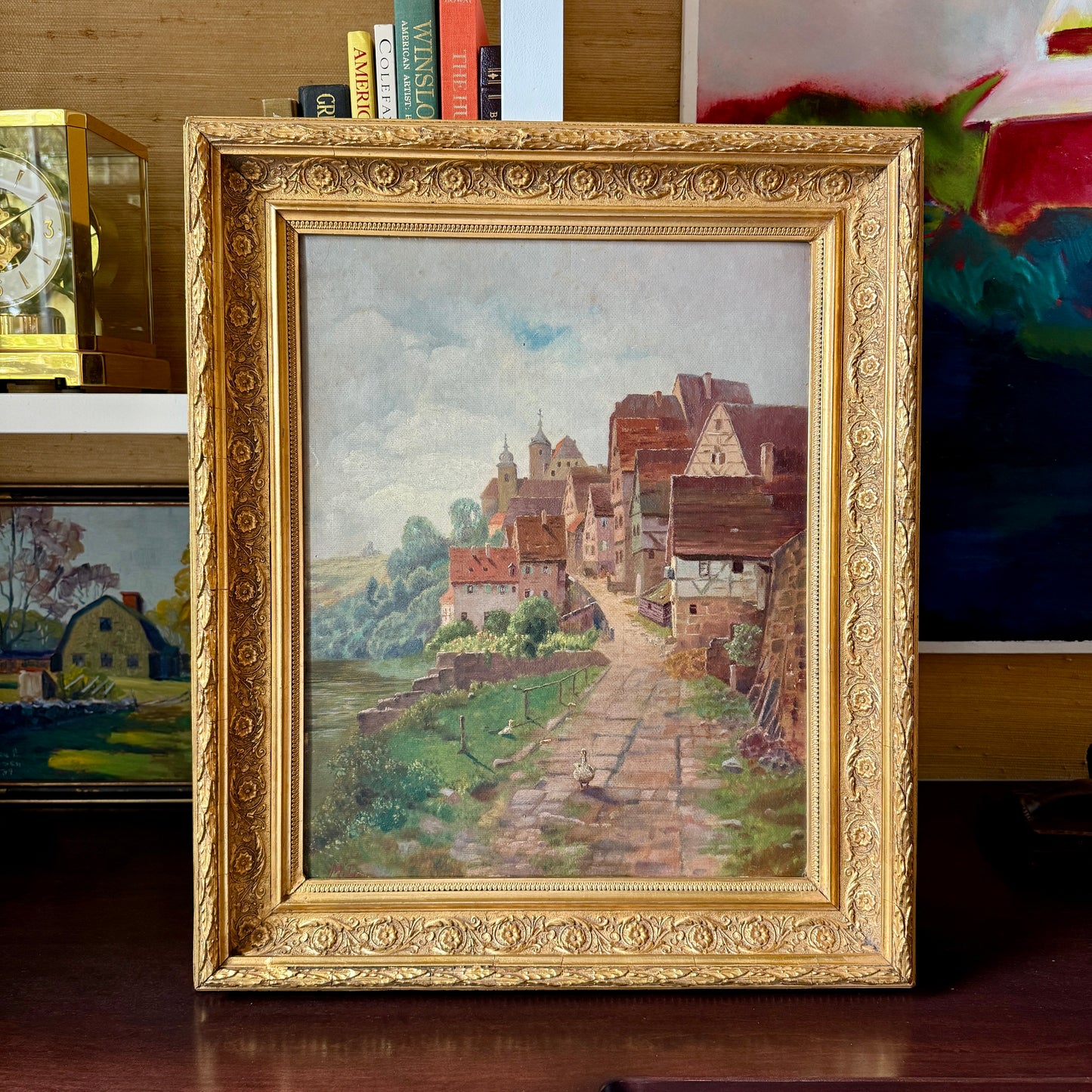 Early 20th Century Antique Dutch White Duck in Townscsape Oil Painting in Ornate Gold Frame