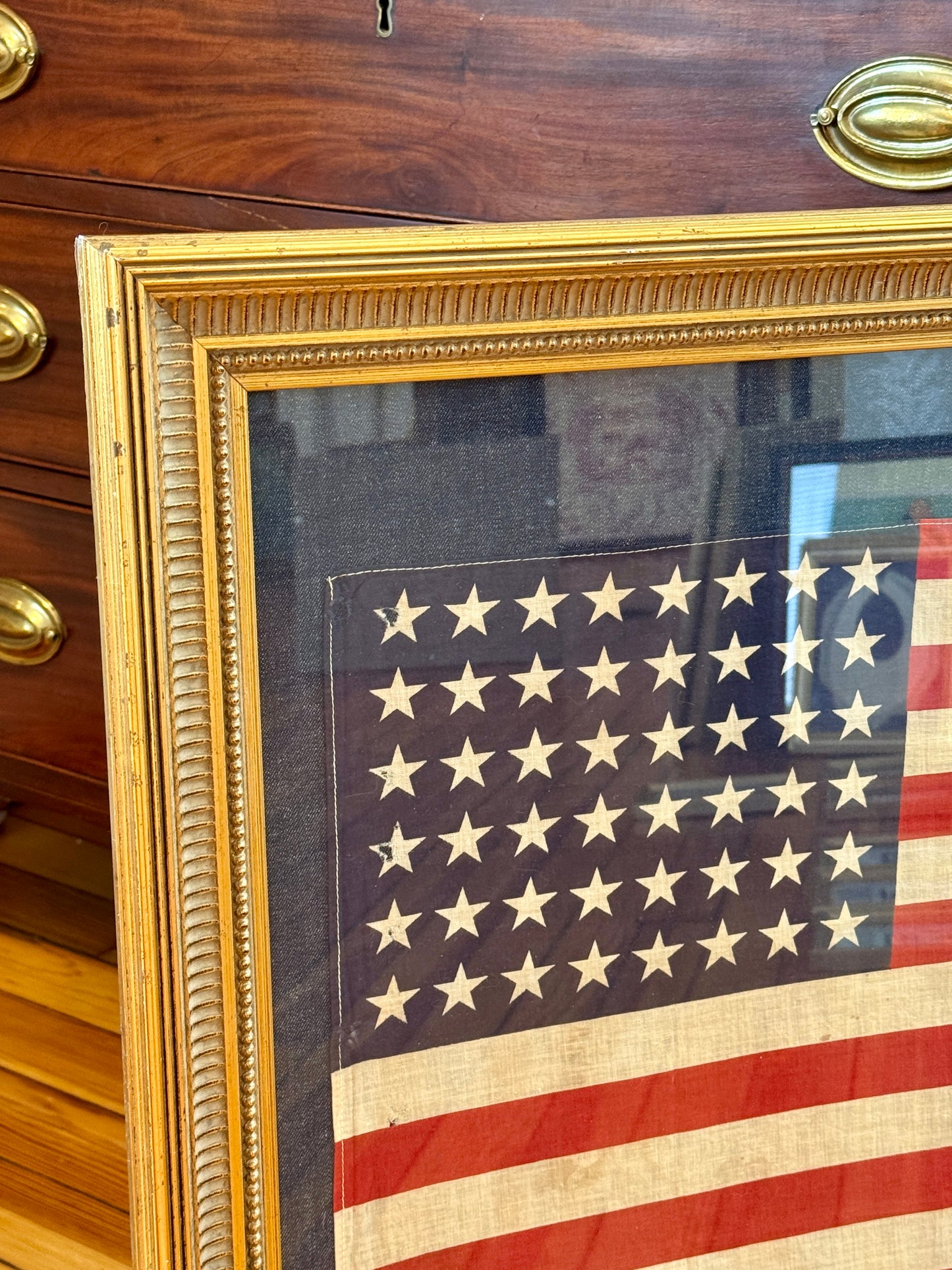 Large 48 Star American Flag on Dark Chambray in Gold Frame